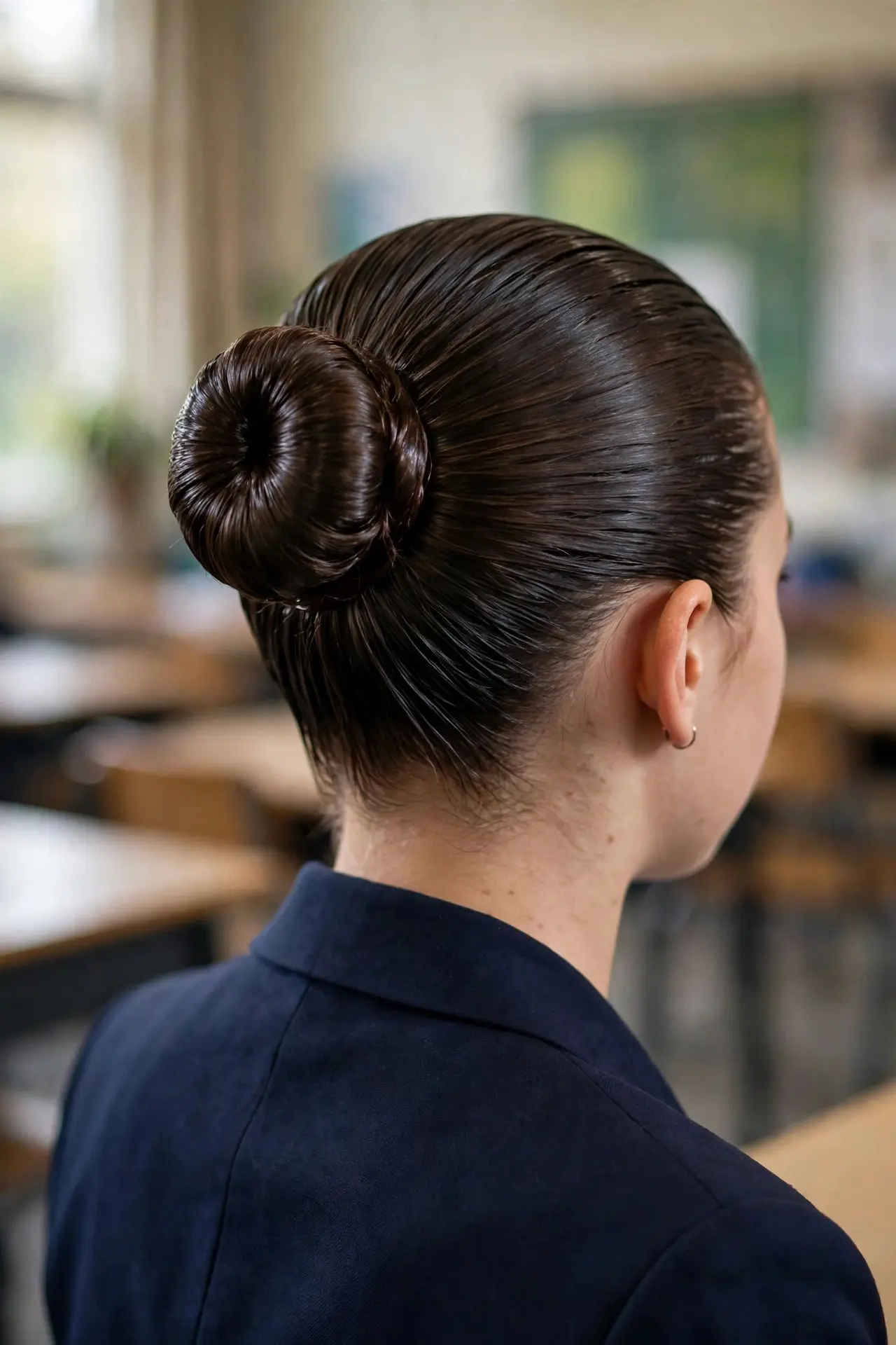 Back view of a slick back bun with smoothly gelled hair on a schoolgirl wearing a blazer