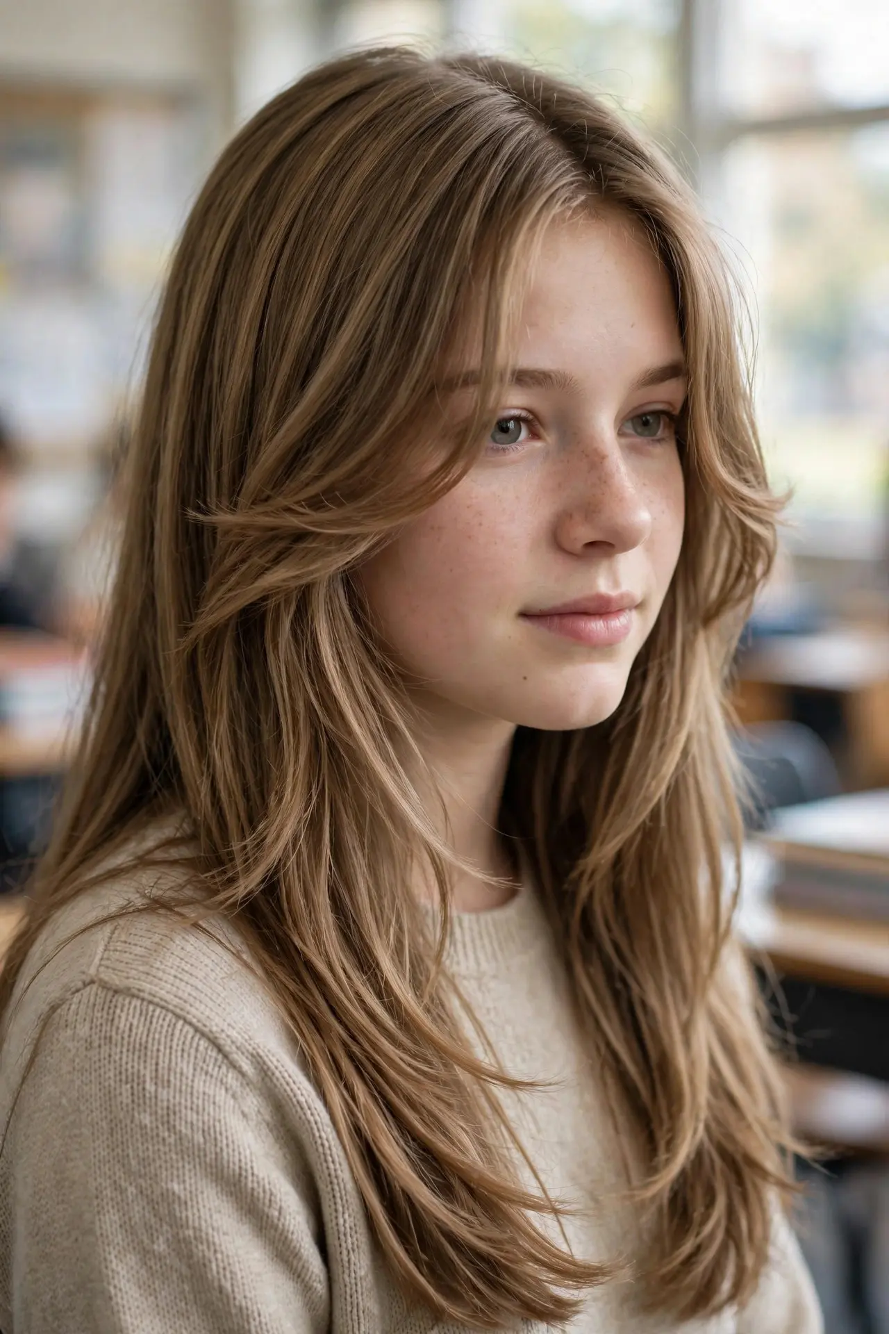 Front view of curtain bangs swept away from the face on long layered light brown hair