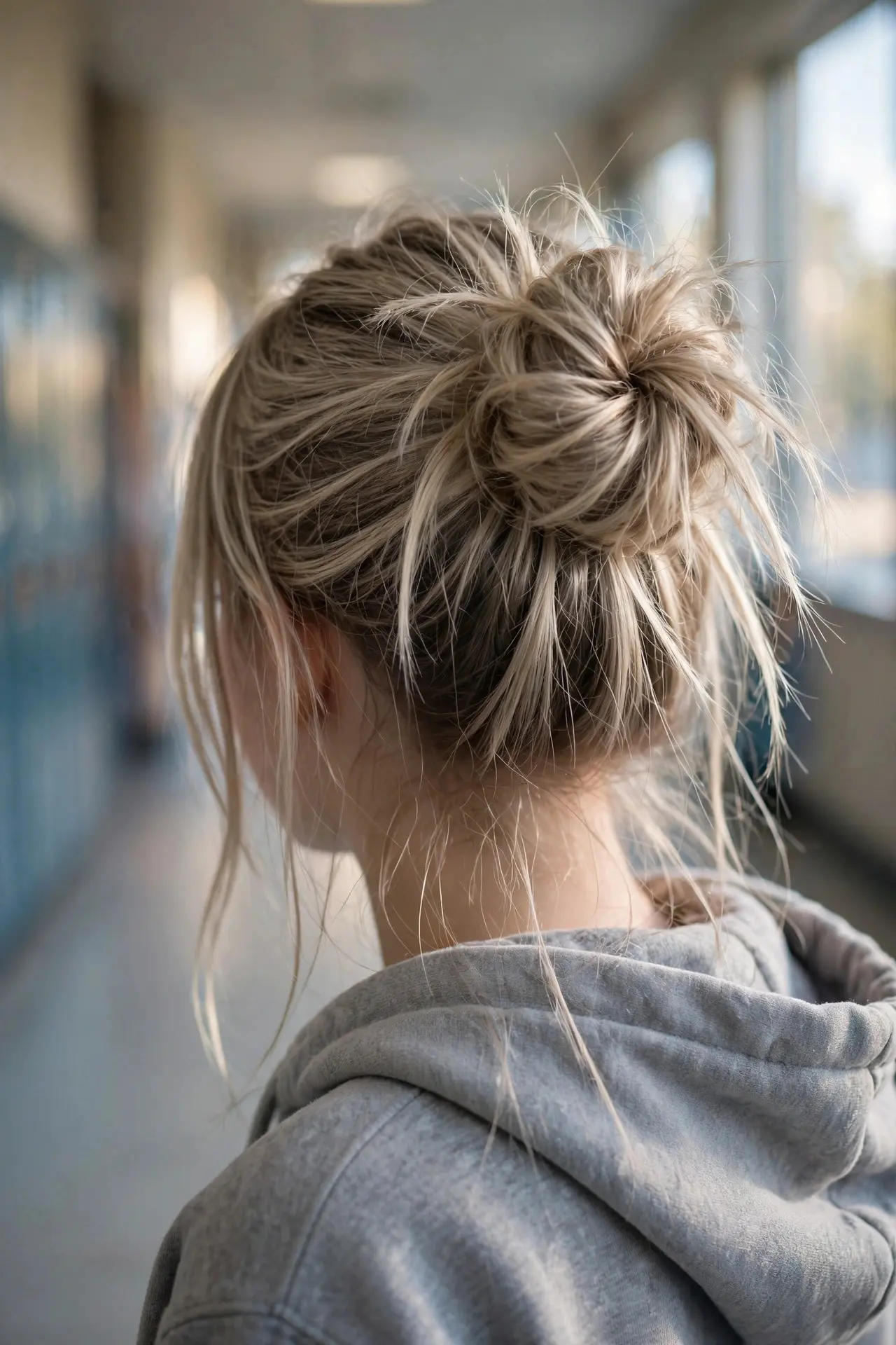 Back view of a messy bun with loose strands on ash blonde hair, in a school corridor