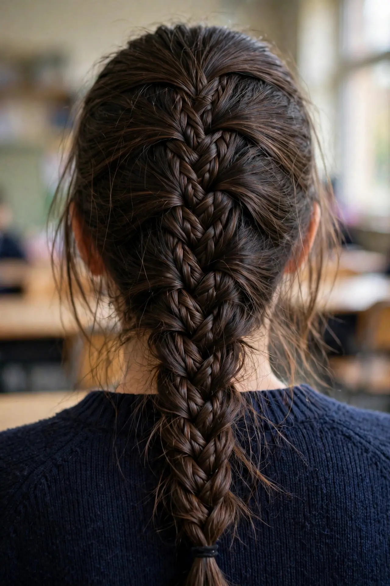 Back view of a fishtail braid down the back on long dark brown hair with a clear herringbone pattern