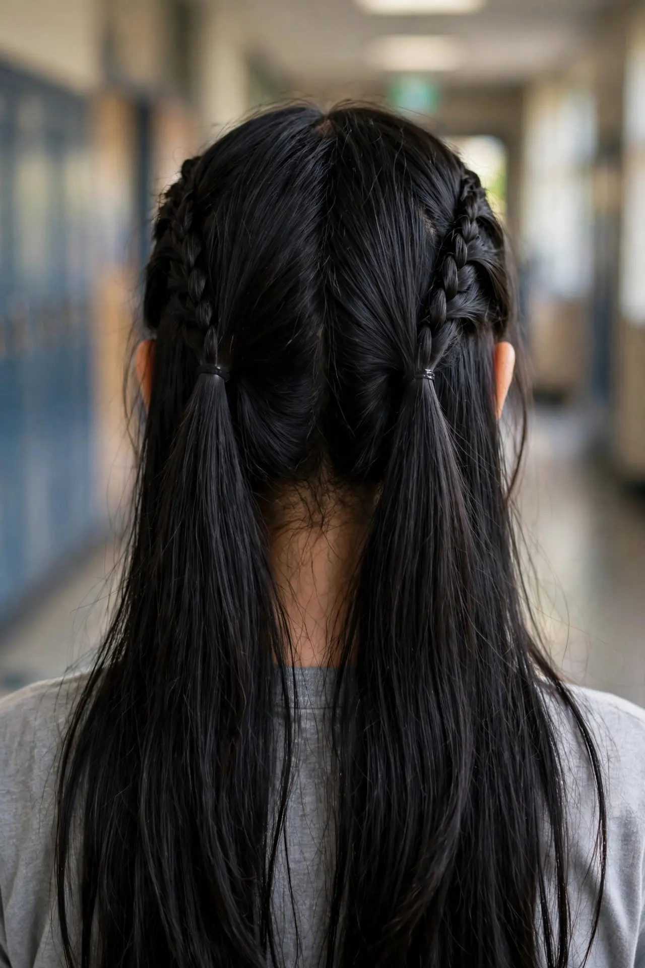 Back view of half-braided pigtails with two small braids at the crown and long black hair left down