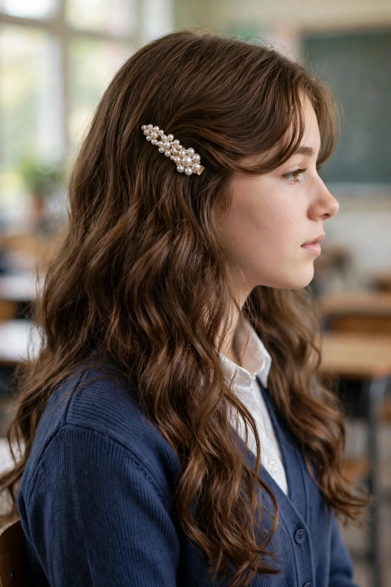 Side view of a side-swept hairstyle secured with a pearl clip on long wavy chestnut brown hair