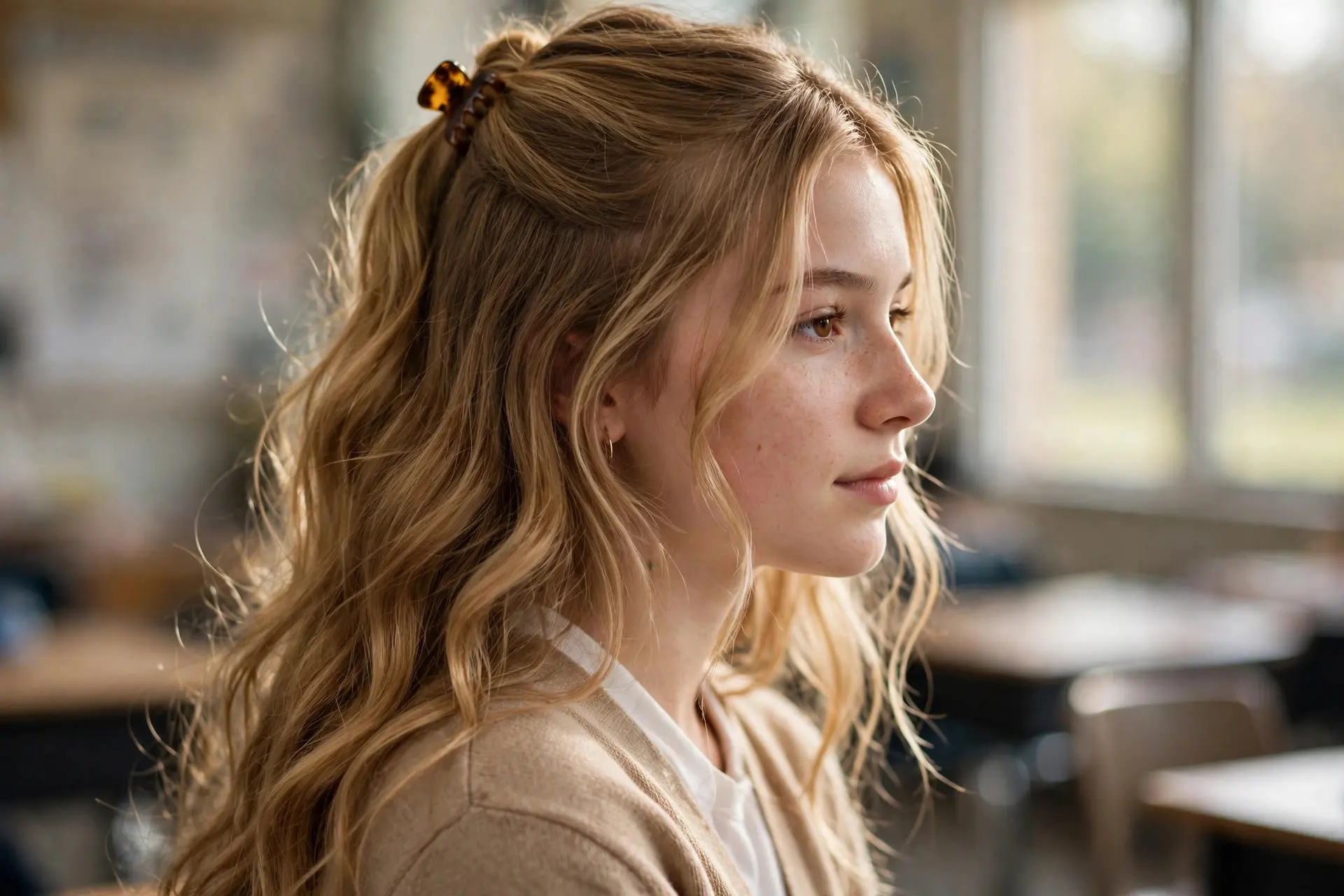 Side view of a simple half-up hairstyle secured with a tortoiseshell claw clip on long wavy honey blonde hair