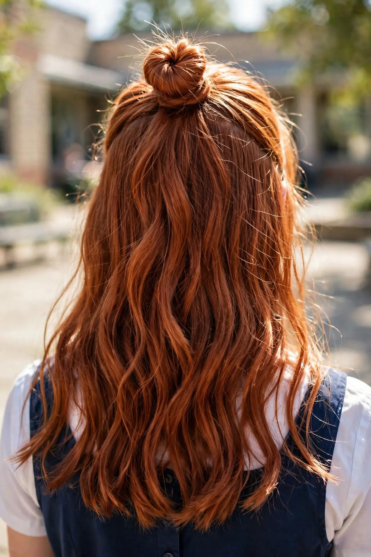 Back view of a half-up space bun on long wavy copper red hair with the rest of the hair left down