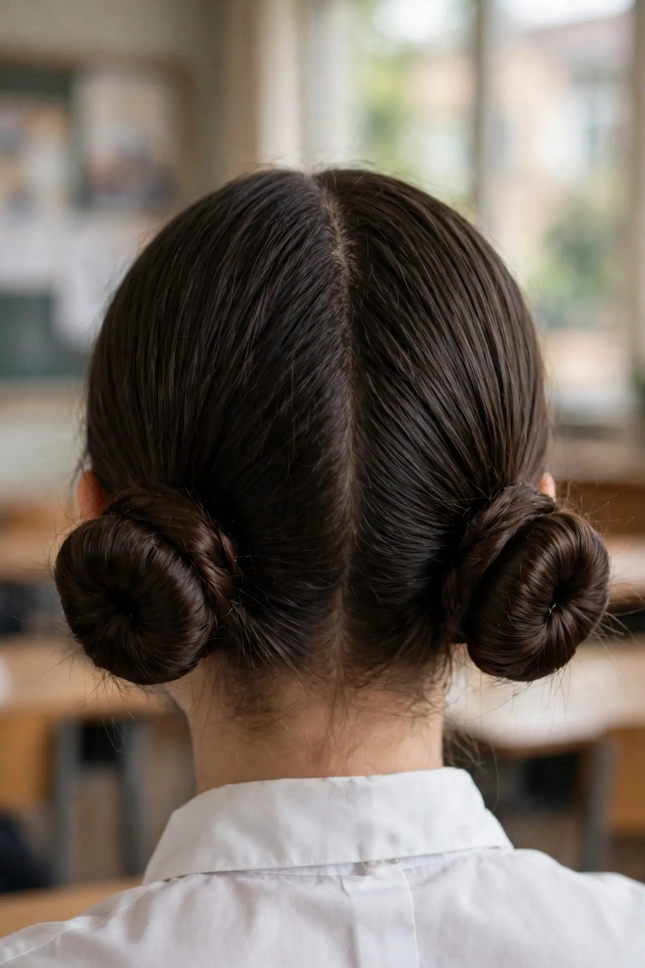 Back view of twin low buns at the nape on dark brown hair with a center parting