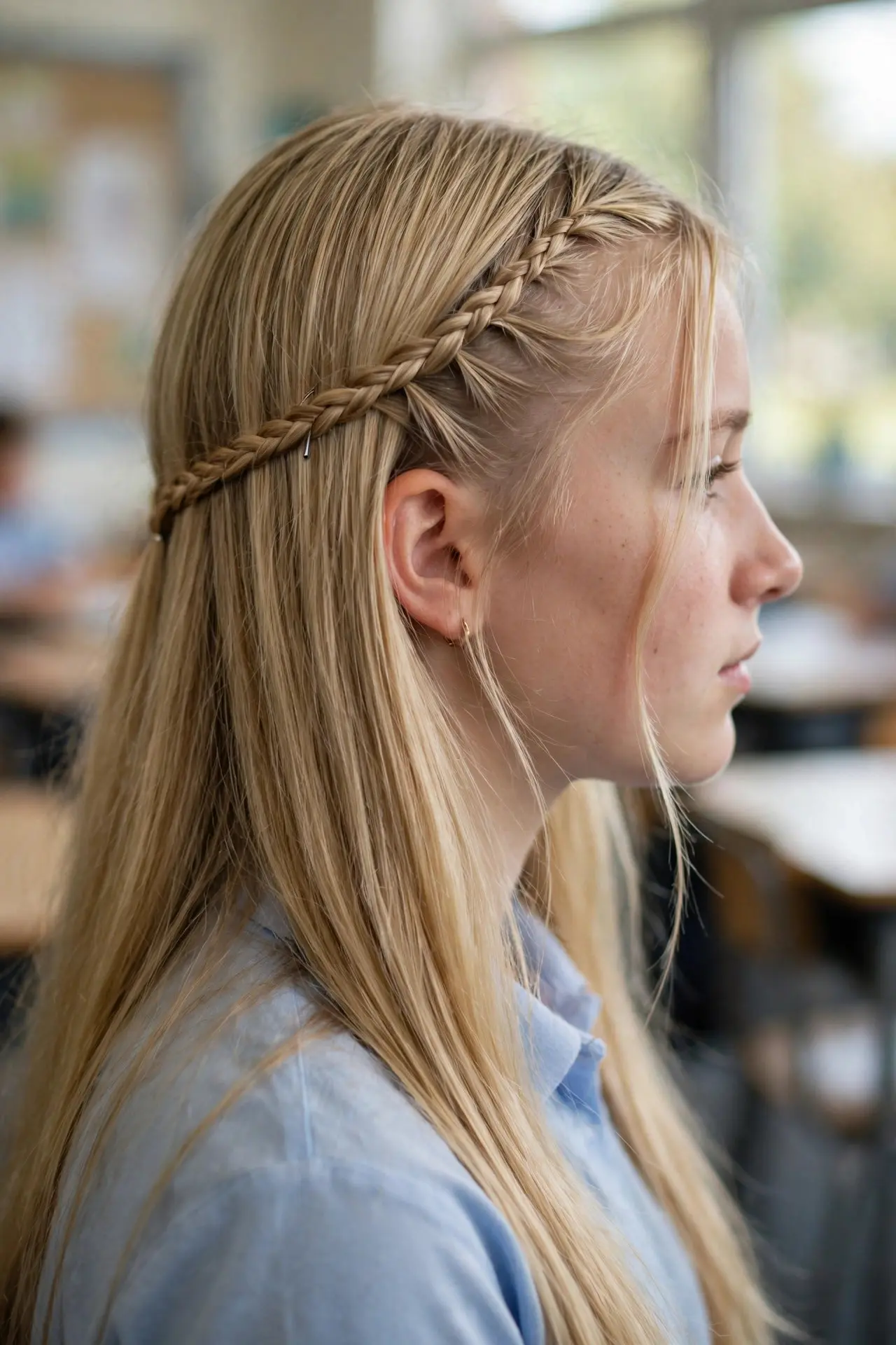 Side view of braided bangs, a thin braid along the front hairline, on long straight blonde hair