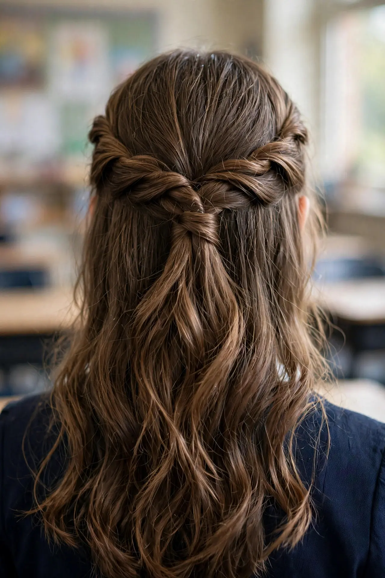 Back view of a half-up twisted crown with two twists meeting at the back on long wavy brown hair