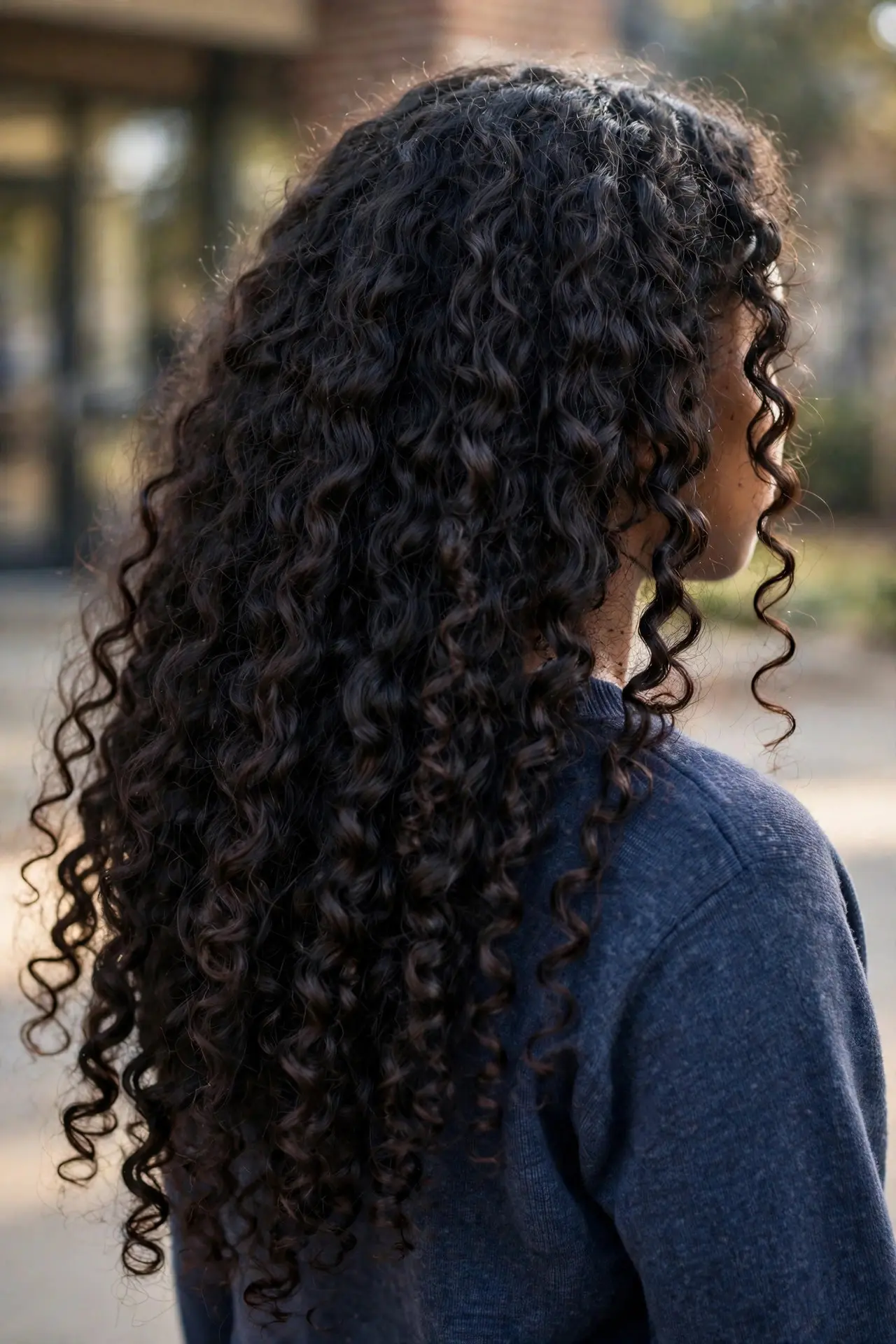 Back view of natural air-dried texture, long defined dark curls worn loose