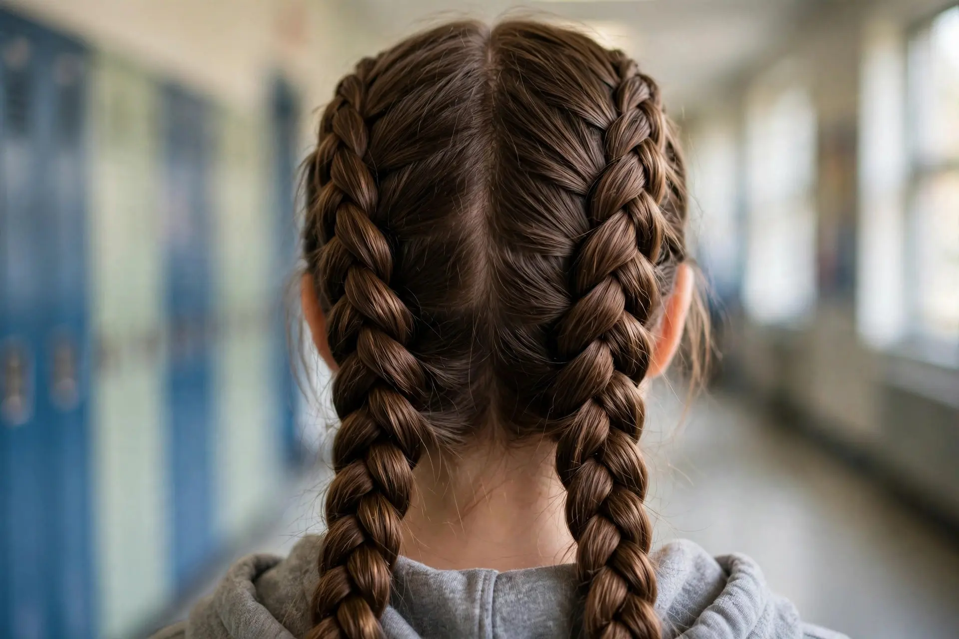 Back view of double Dutch braids on long chestnut brown hair in a school hallway with lockers