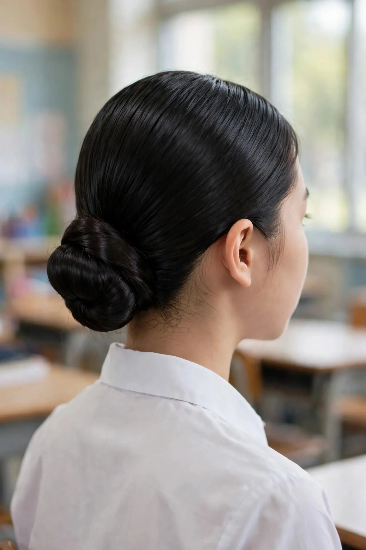 Back view of a smooth low bun at the nape on glossy black hair, a neat finish for school