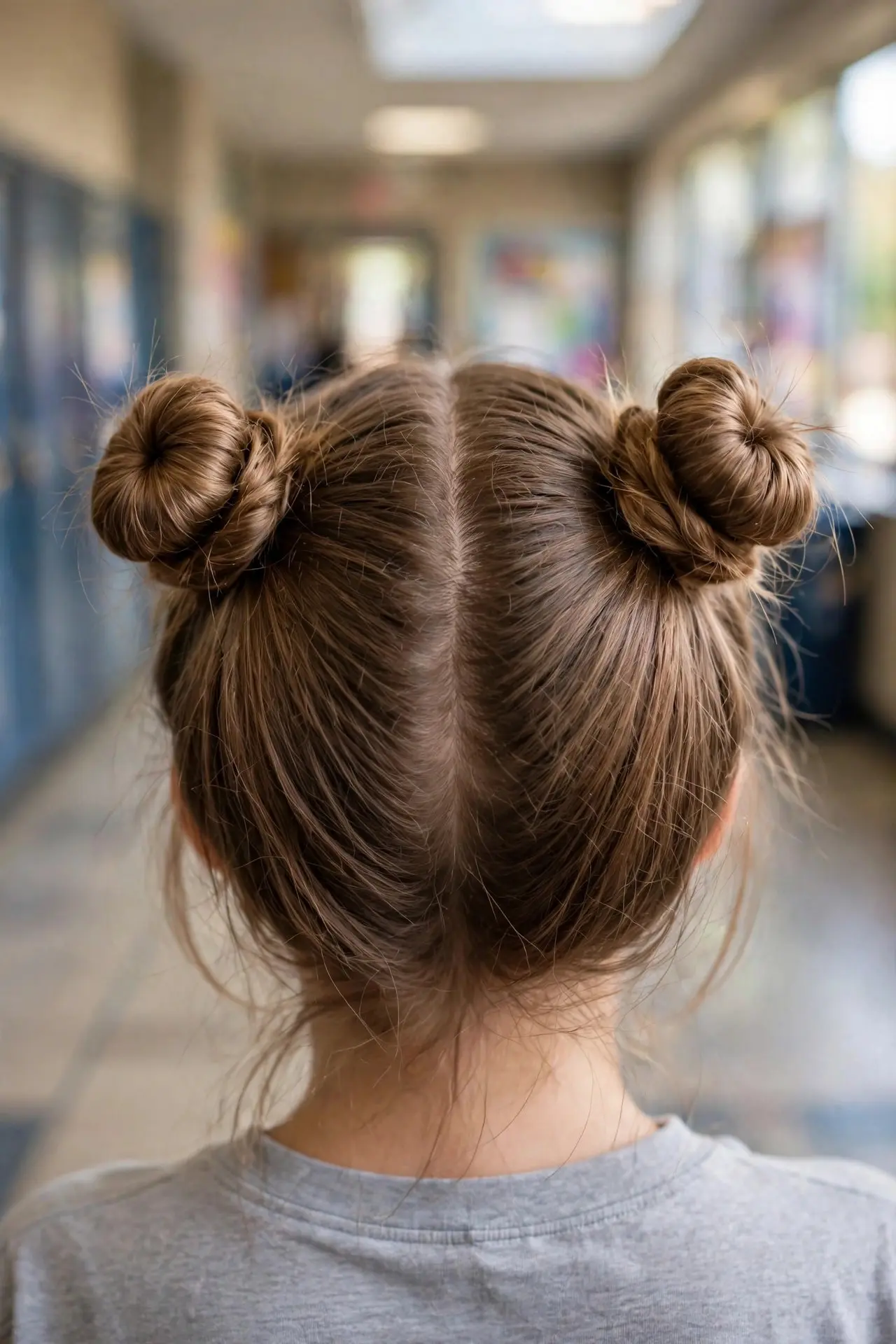 Back view of two space buns on medium light brown hair with a center parting, in a school corridor