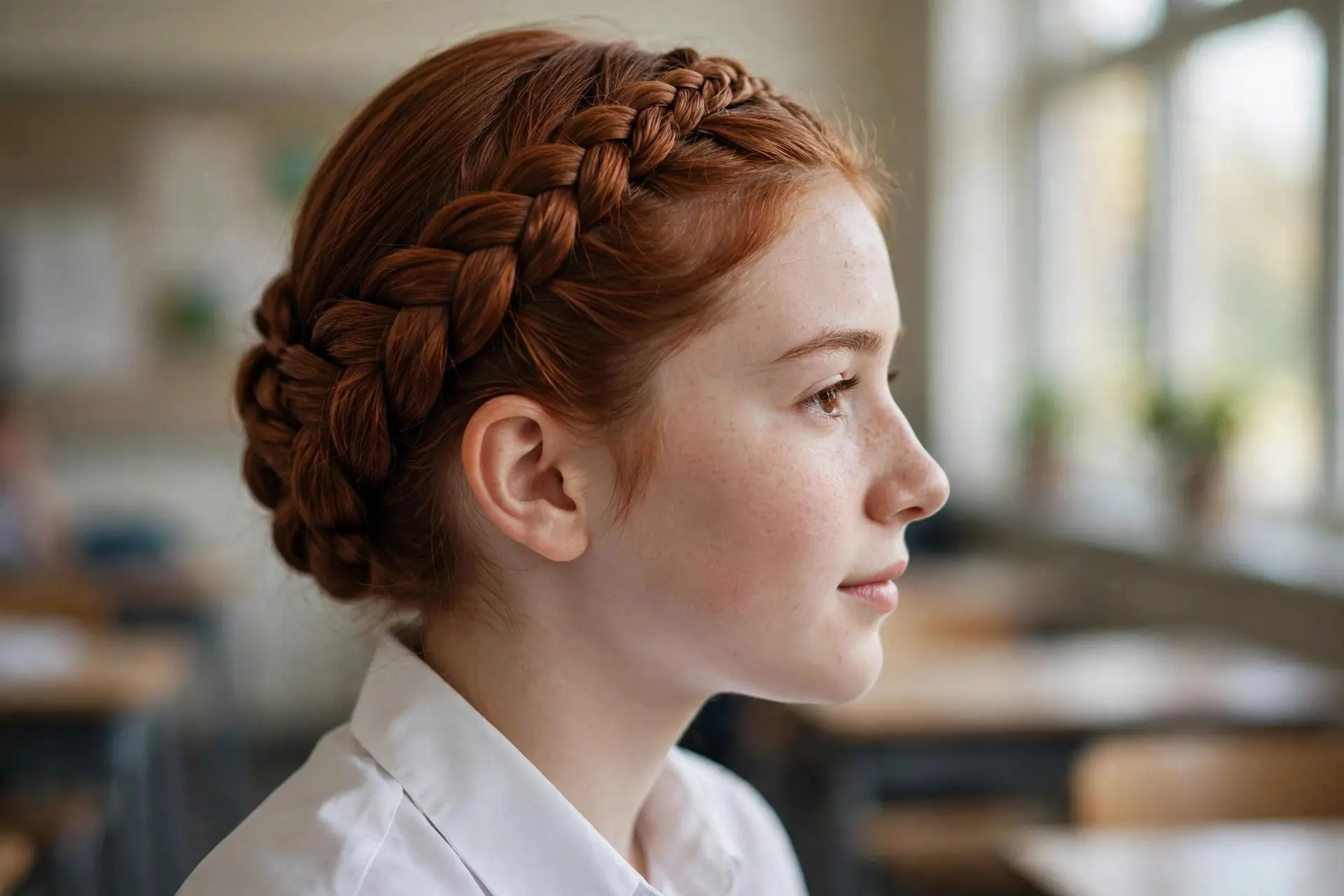Side view of a braided crown hairstyle wrapping around the head on long auburn hair
