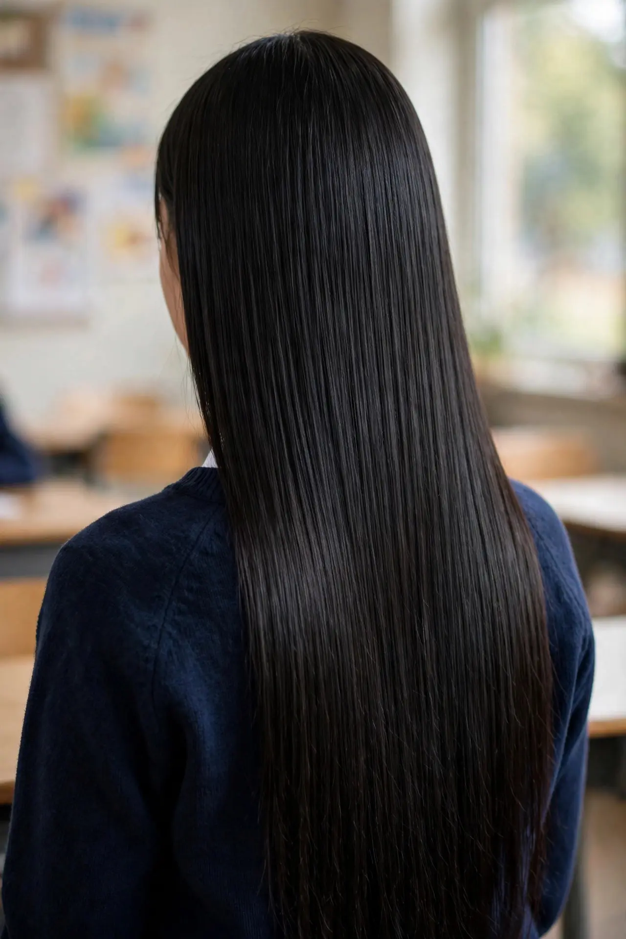 Back view of a sleek straight hairstyle on very long glossy black hair in a classroom