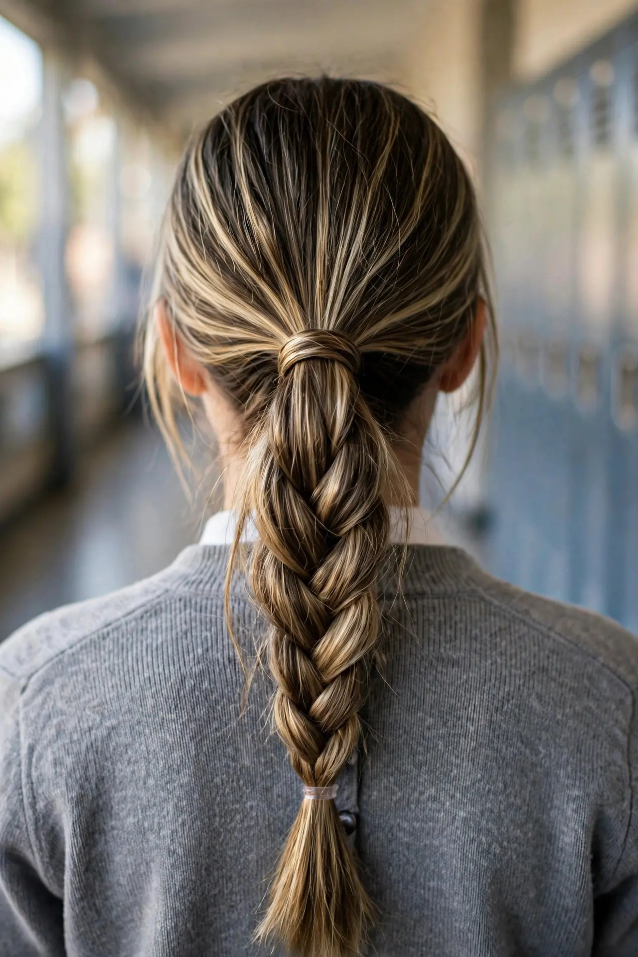 Back view of a braided ponytail combo with the ponytail woven into a three-strand braid, on highlighted brown hair