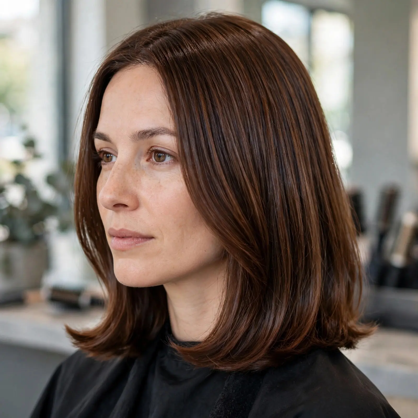 Woman with a shoulder-length lob haircut in glossy chestnut brown hair with a soft bend at the ends