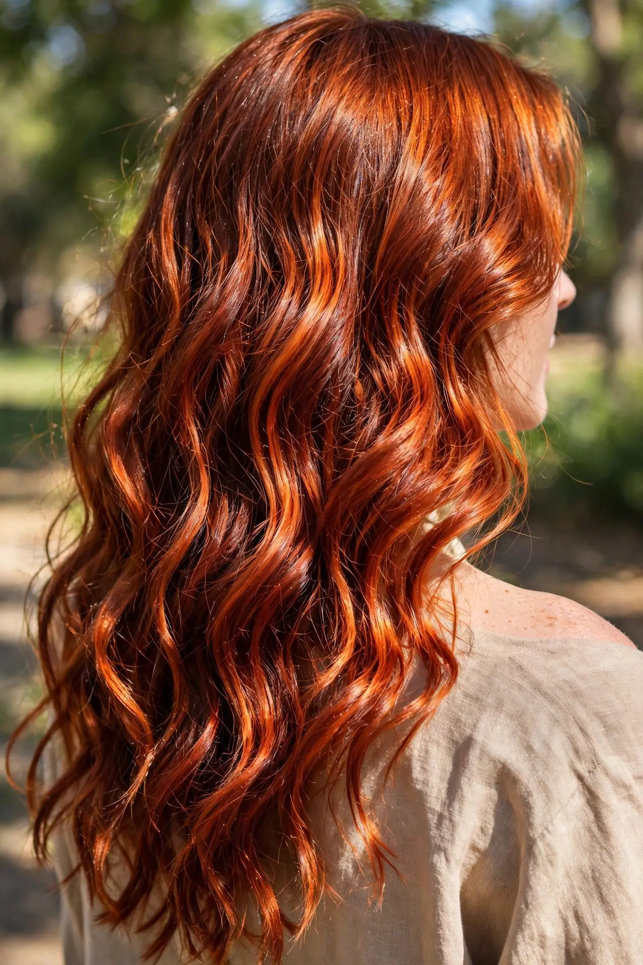 Woman with long wavy hair in vibrant auburn and copper tones glowing in sunlight