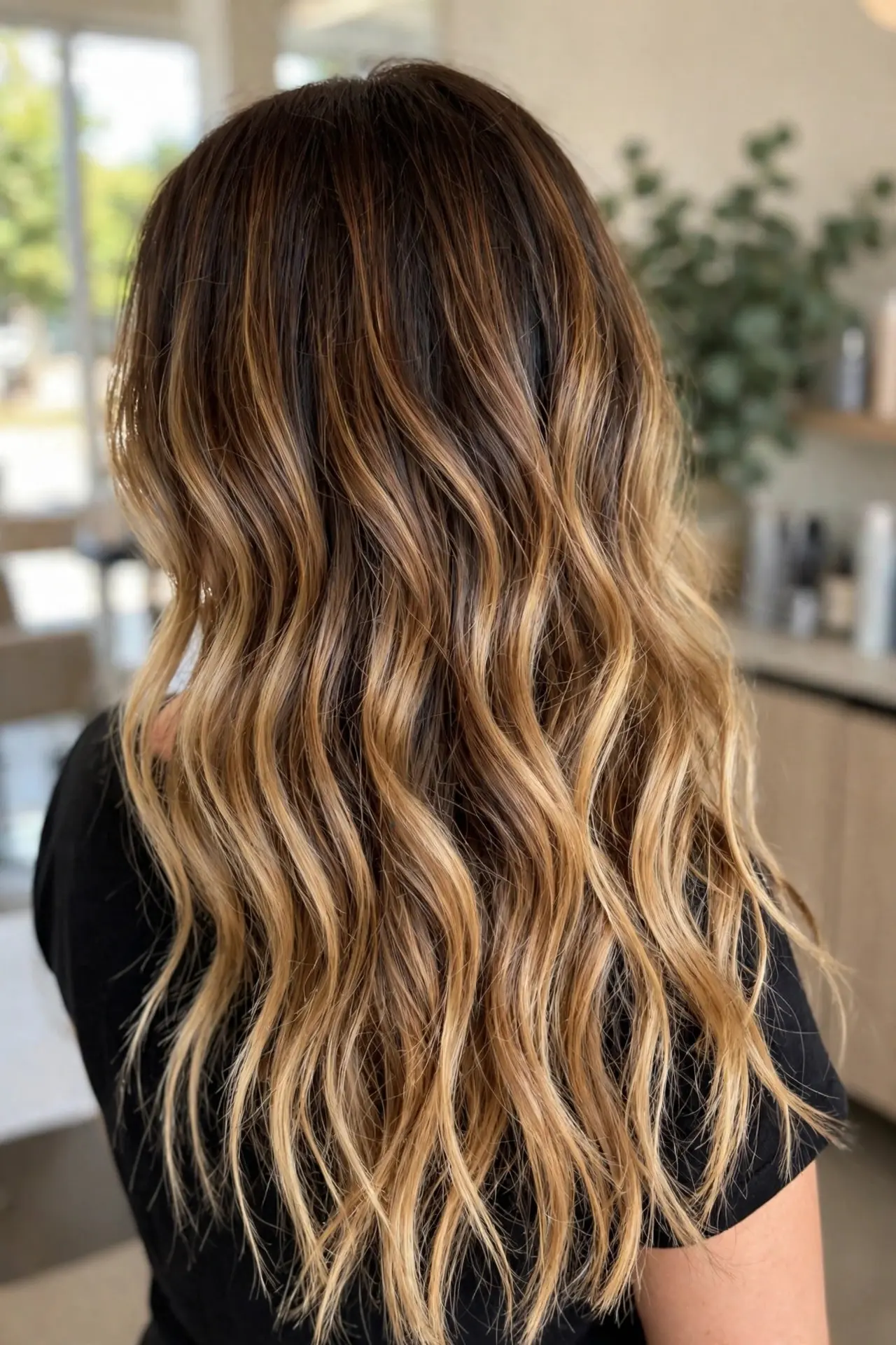 Back view of long hair with balayage, dark brown roots painted into caramel and honey blonde ends