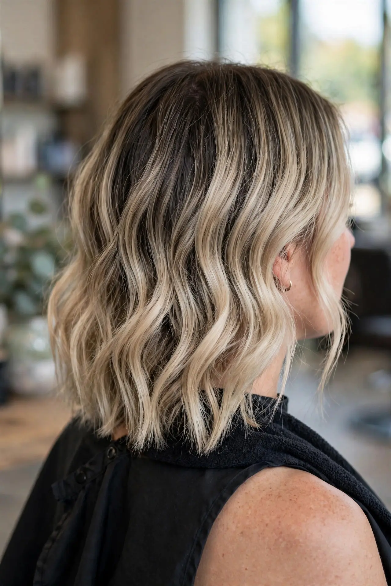 Woman with shoulder-length hair with a root melt blend, dark roots melting seamlessly into beige blonde lengths