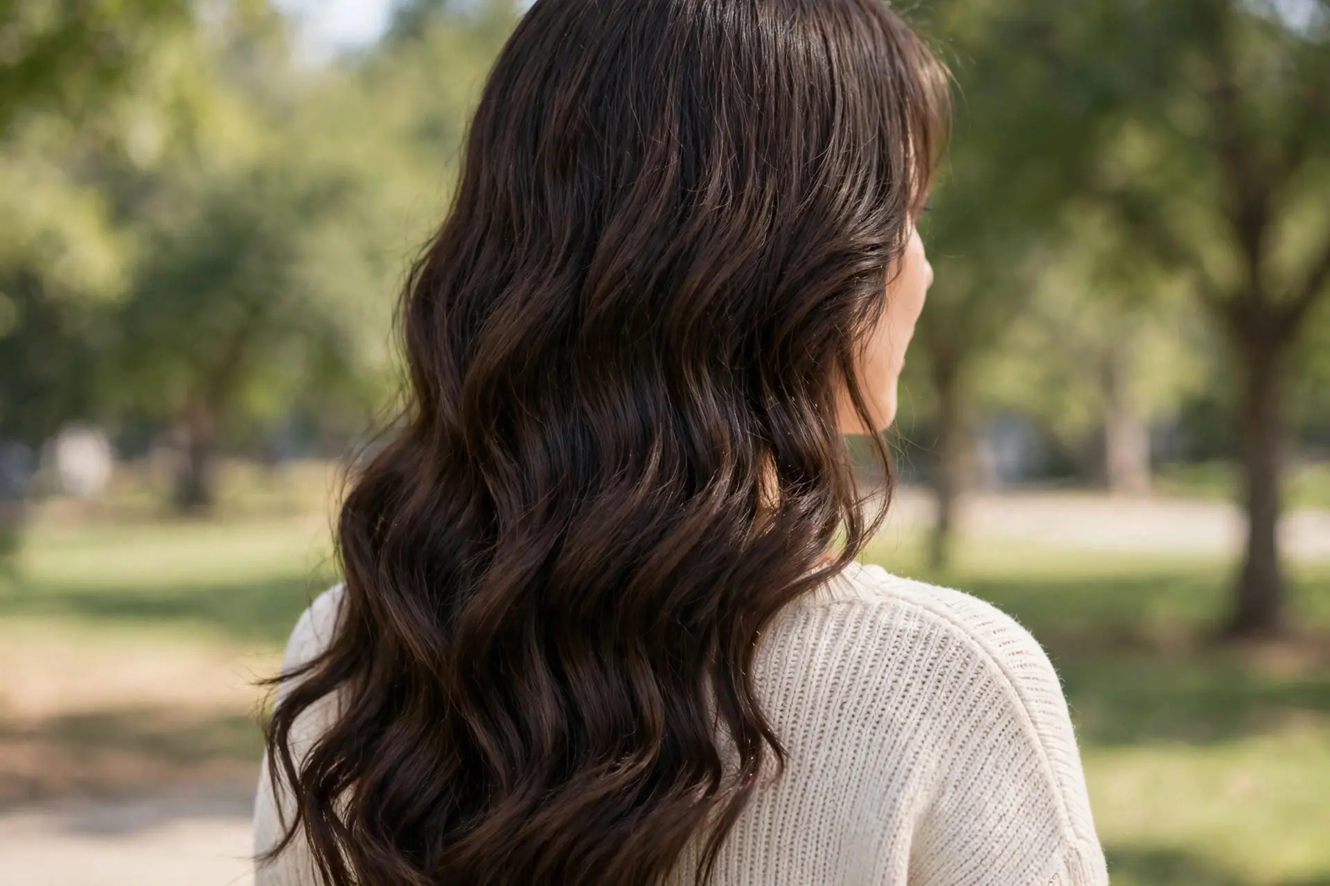 Back view of long dark brown hair with a soft wave perm in loose uniform waves