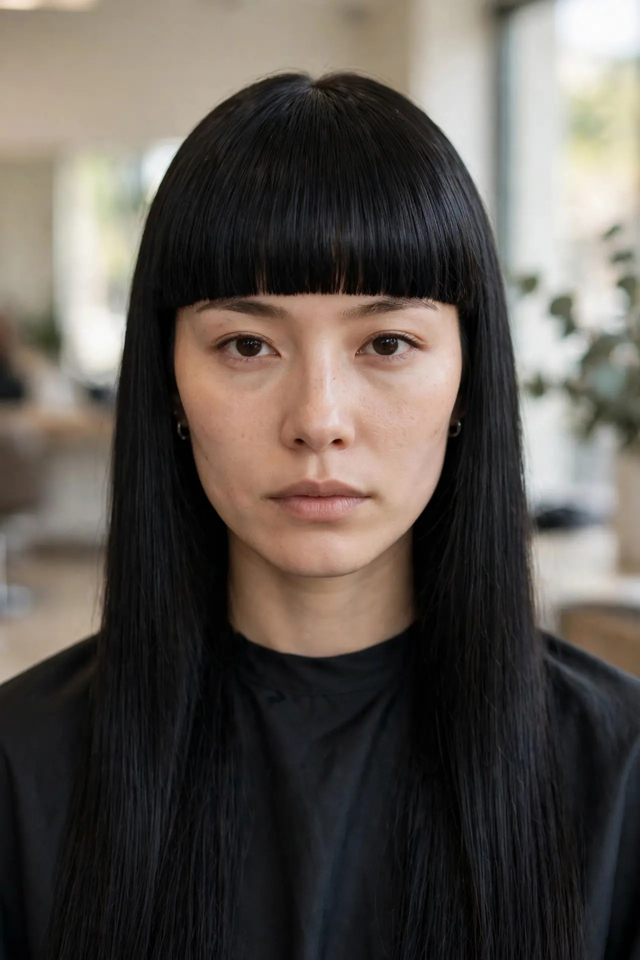 Woman with thick statement blunt bangs in a bold straight line with long sleek black hair