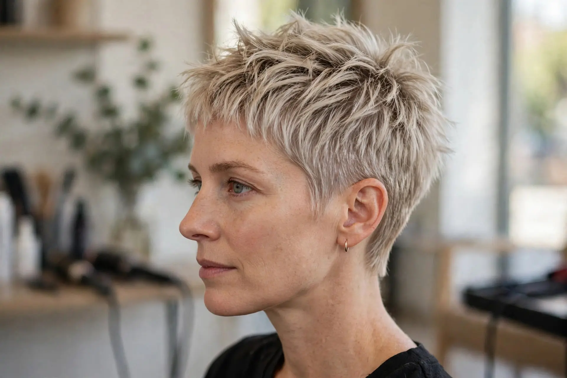 Woman with a short textured crop haircut in ash blonde hair with piecey razor-cut texture