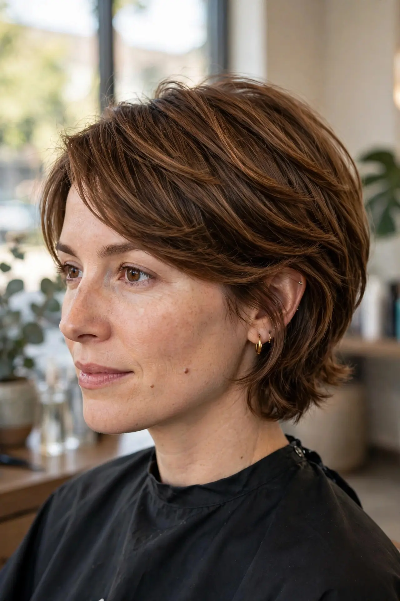 Woman with an ear-length pixie bob haircut in warm brown hair with a sweeping longer top