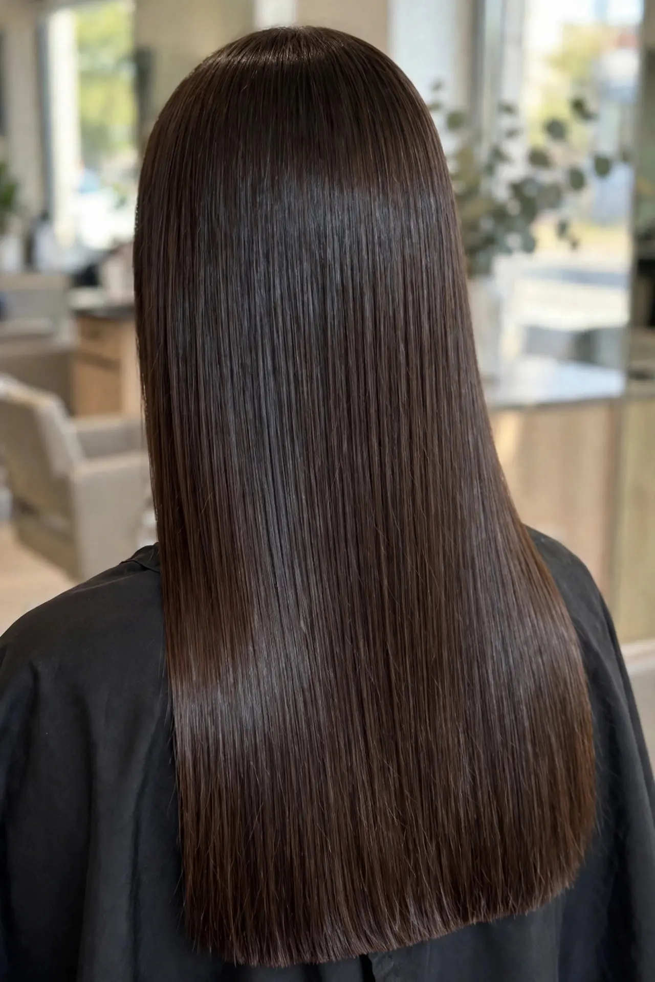 Back view of a glossy one-length haircut in long straight dark brown hair with a precise blunt hemline
