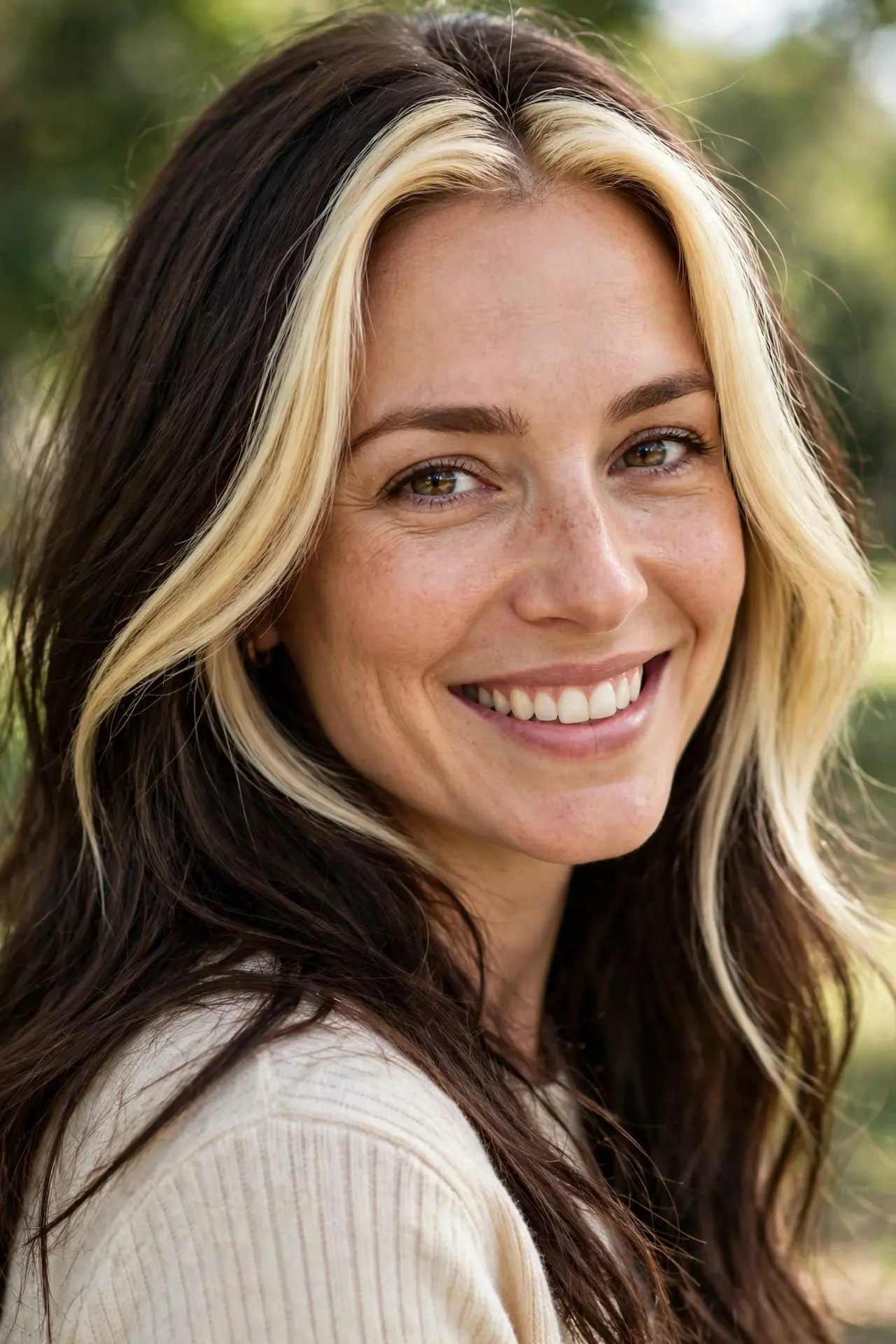Smiling woman with long brunette hair and bright blonde face-framing highlights framing her face