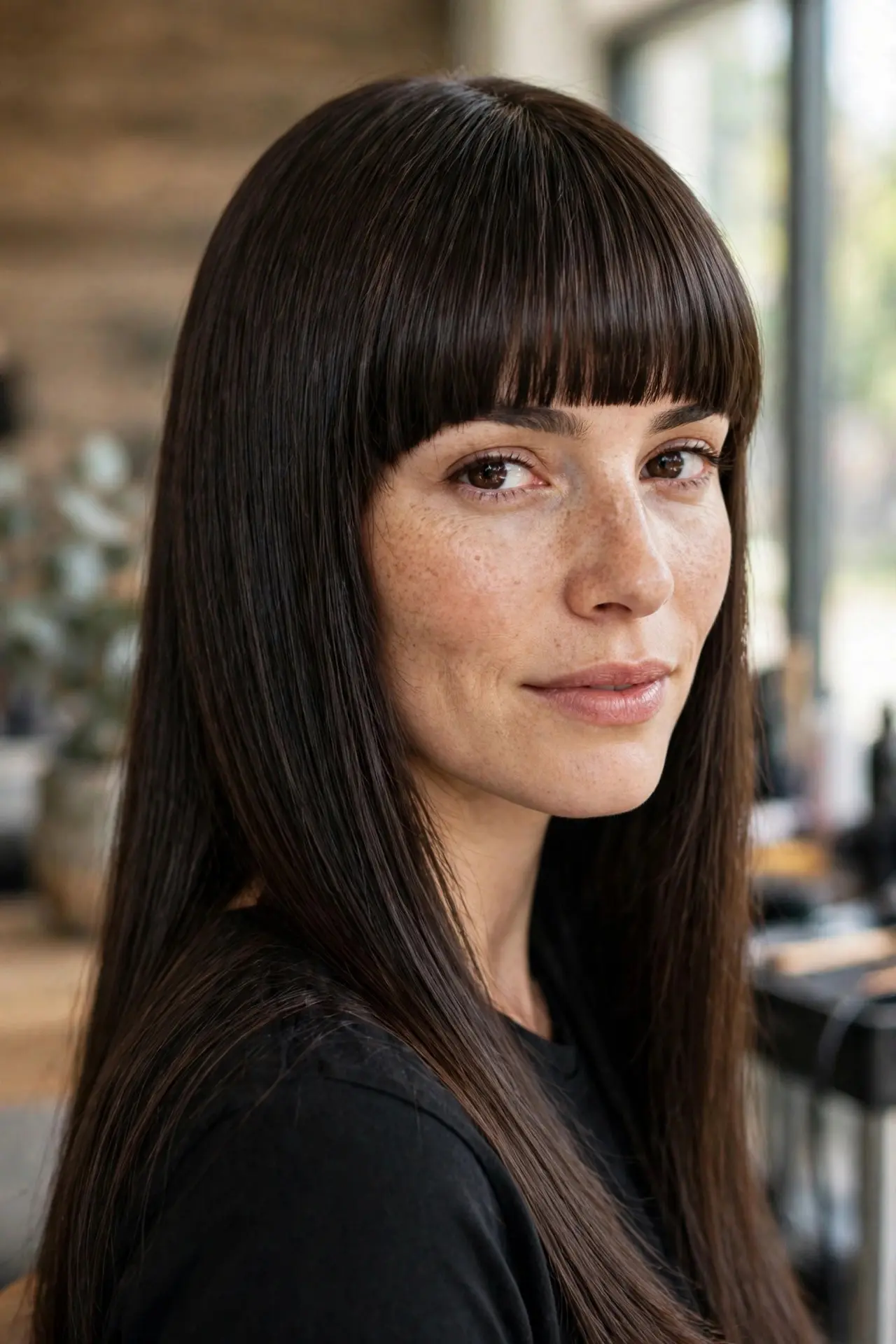 Woman with long straight dark brown hair and a full blunt fringe cut straight across above the eyebrows