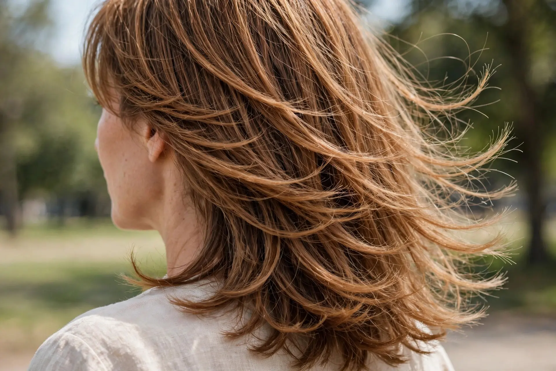 Woman with medium-long caramel brown hair with soft wispy layers throughout and feathery ends