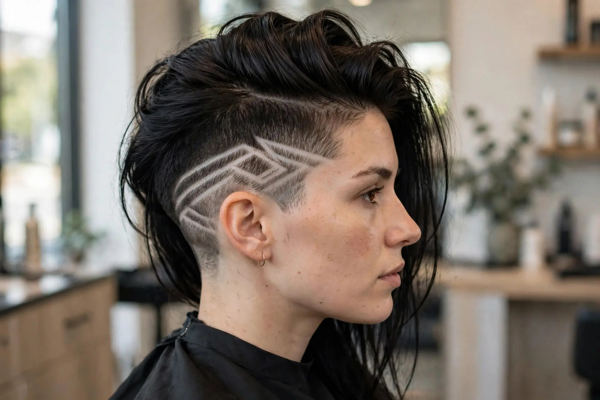 Woman with a bold undercut design, a geometric pattern shaved above the ear beneath long dark hair