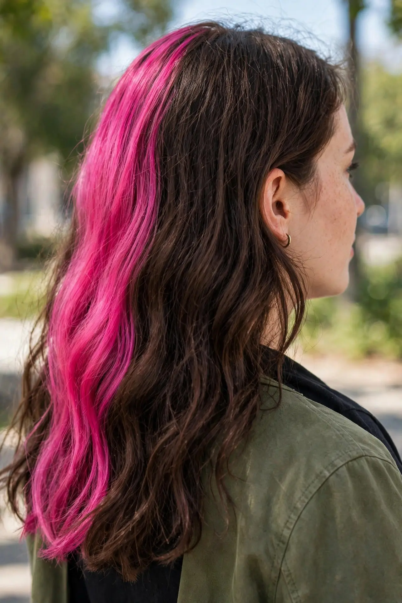 Woman with long dark brown hair with one vivid magenta pink color panel running through one side