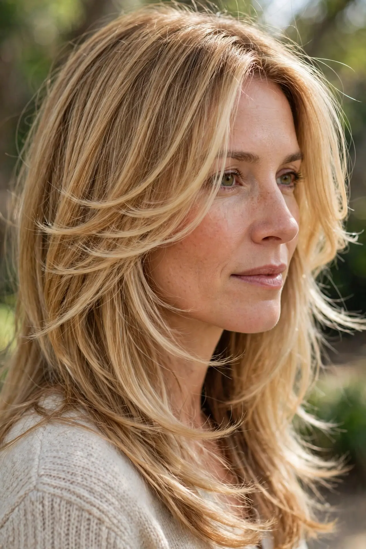 Woman with long honey blonde hair and soft feathered face-framing layers sweeping away from her face