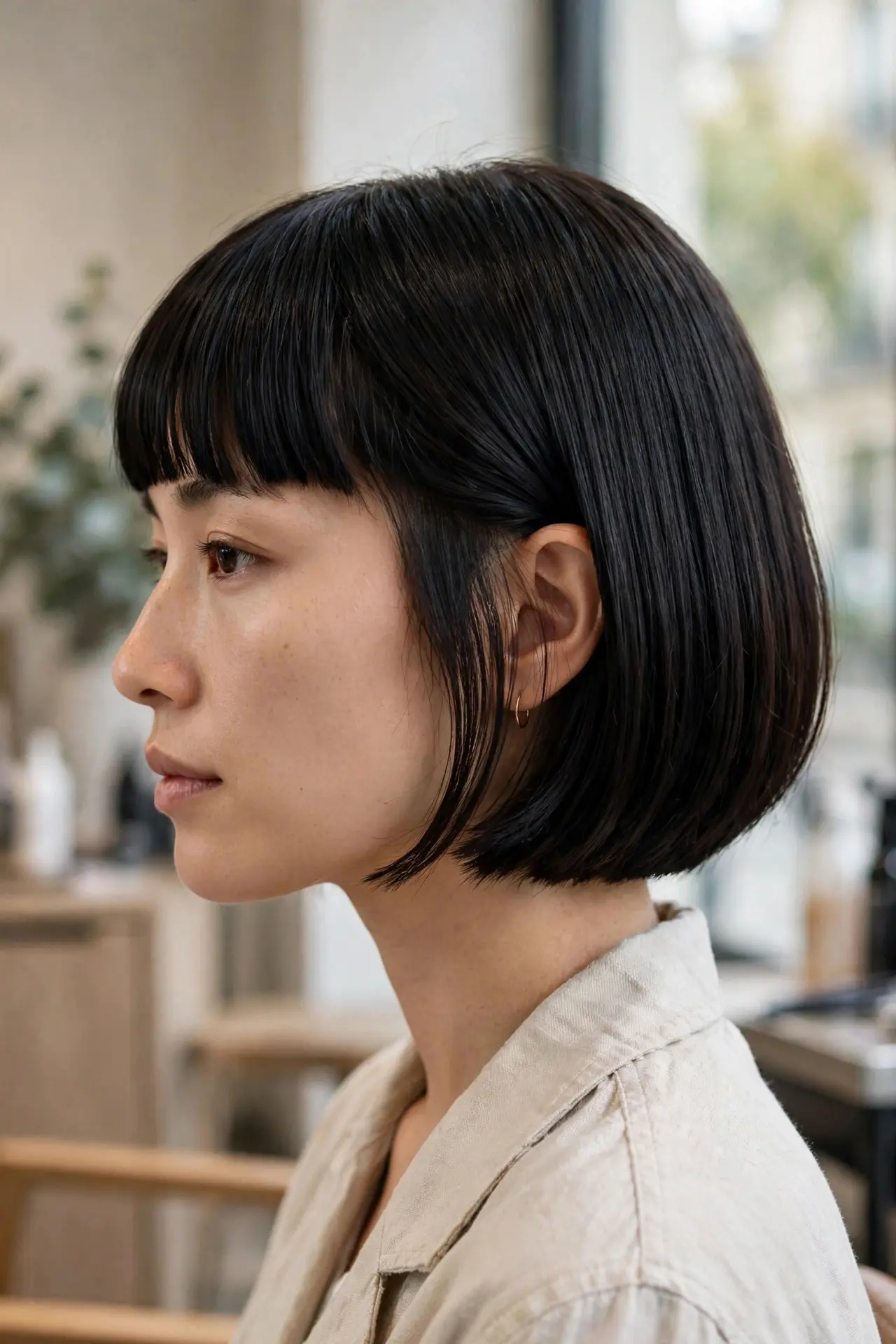 Side profile of a woman with a chin-length French bob in glossy black hair with full blunt bangs