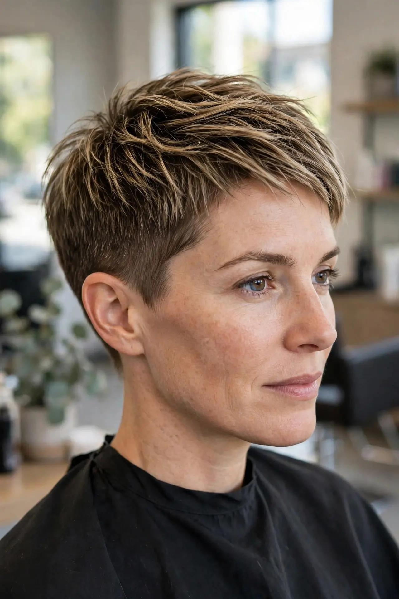 Woman with a cropped pixie cut in textured dark blonde hair with a slightly longer piecey top