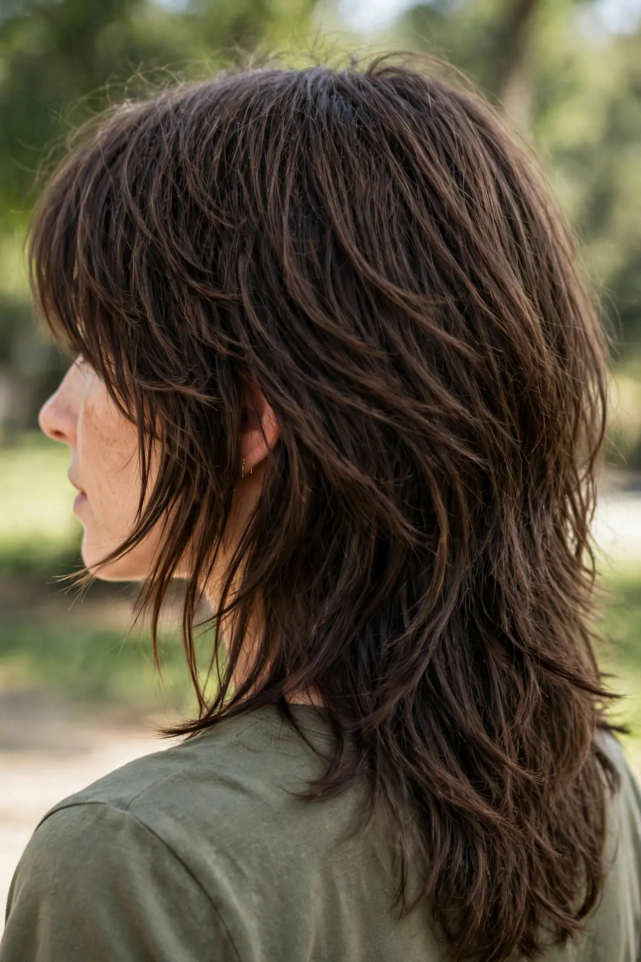 Woman with a long layered shag haircut in brunette hair with heavy shaggy layers and textured movement