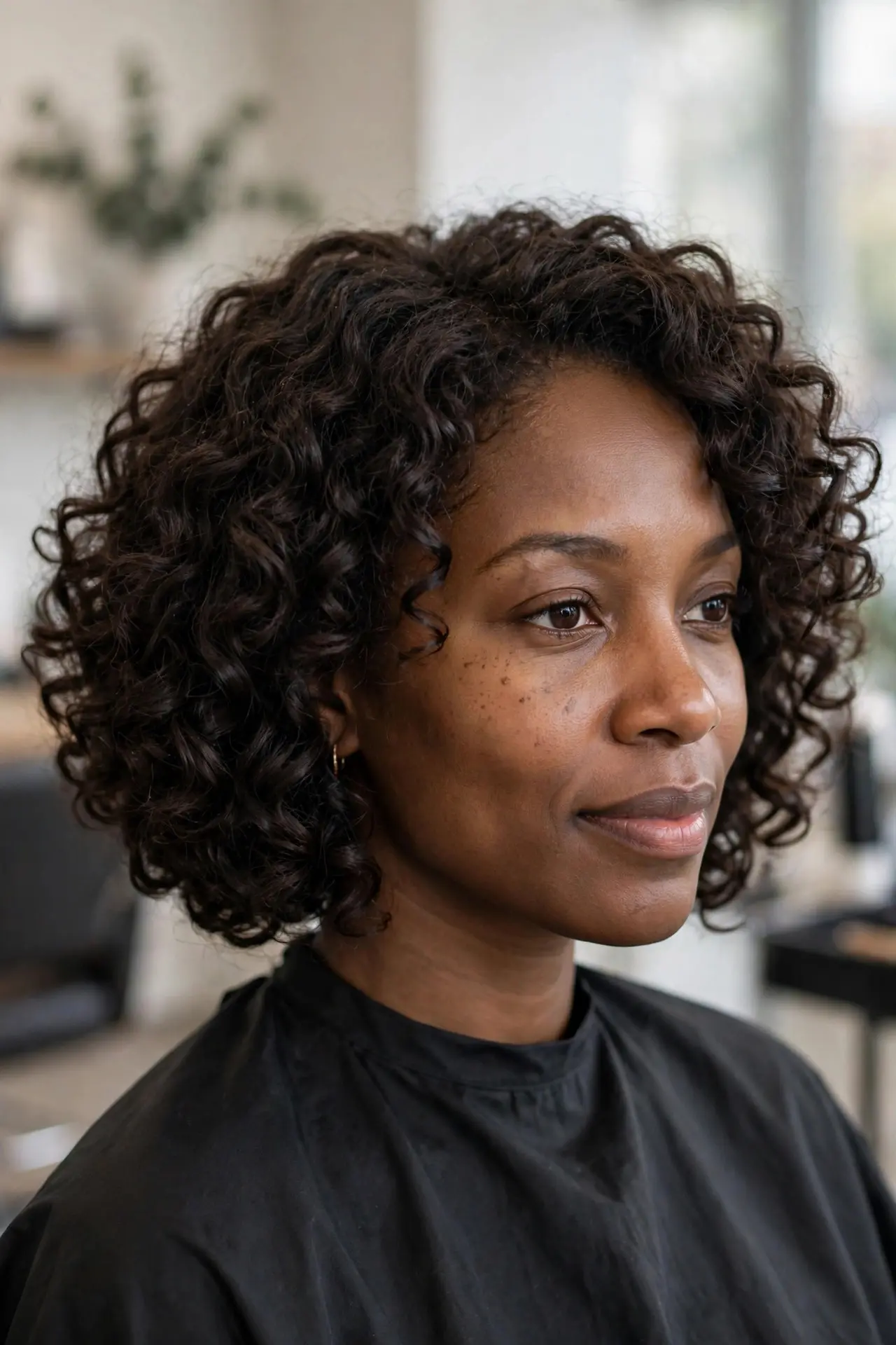 Black woman with a curly bob haircut in dark brown hair with voluminous defined ringlets