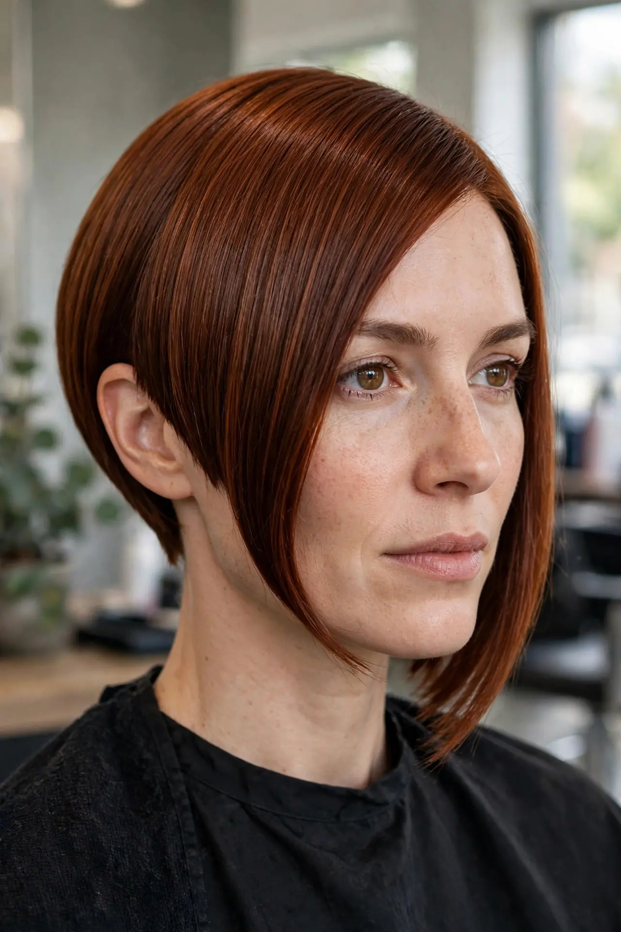 Woman with a sleek asymmetrical bob in auburn hair, longer on one side and shorter on the other