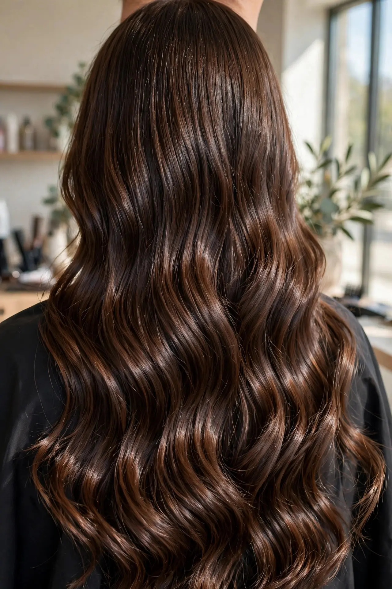 Back view of long hair colored a rich glossy chocolate brunette with soft waves