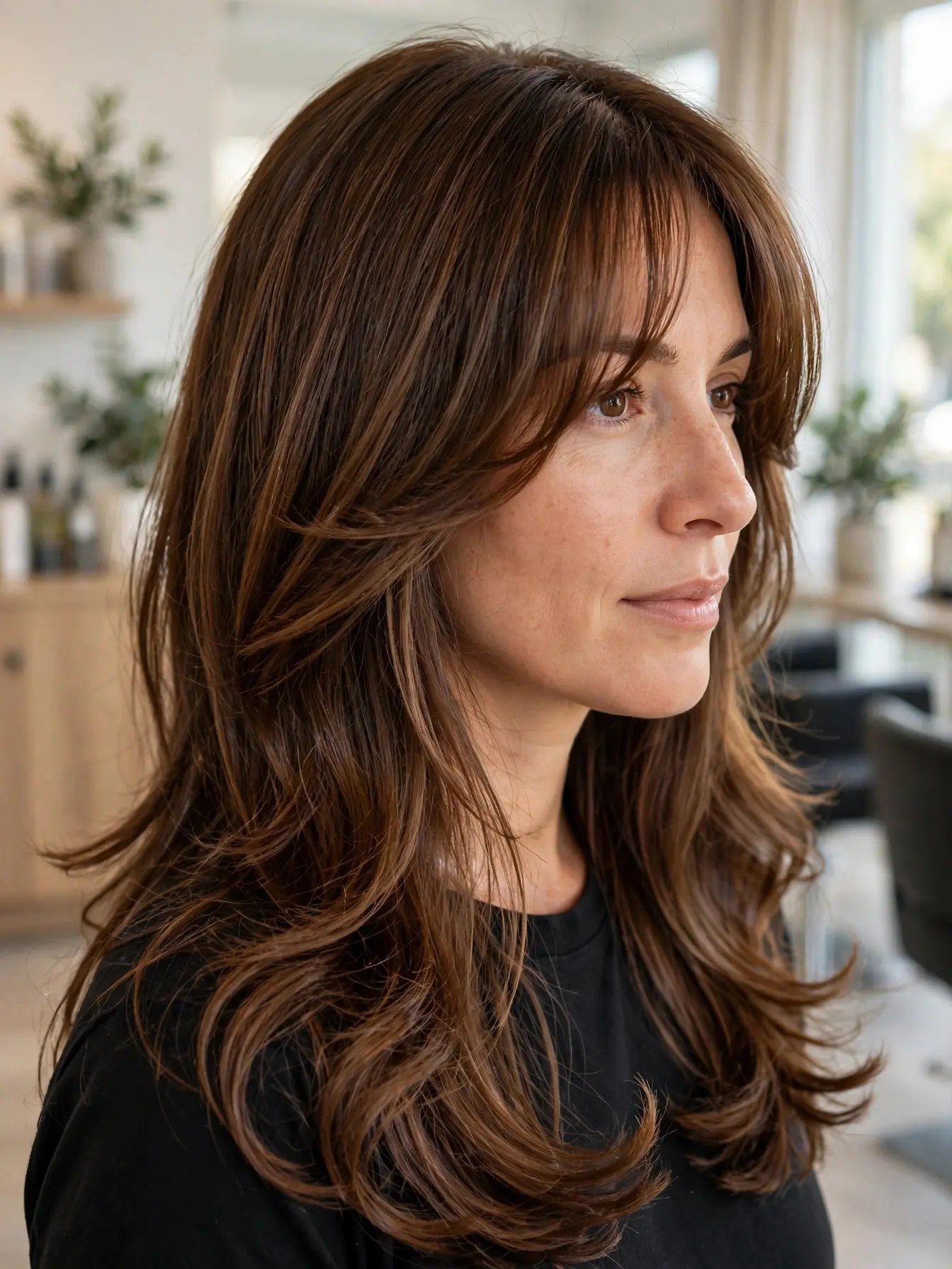 Curtain bangs on long layered chestnut brown hair, center-parted fringe sweeping out to both sides and blending into face-framing layers