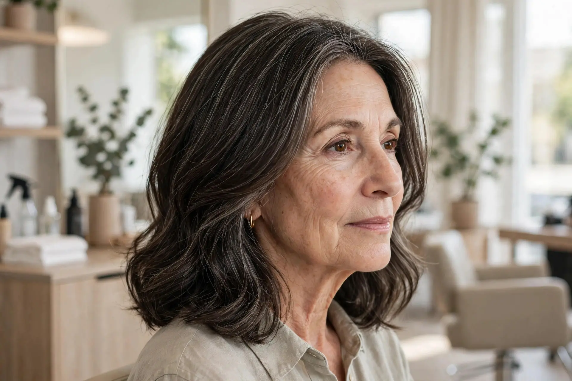 Natural gray blending on a woman in her sixties, fine silver-grey strands woven through shoulder-length dark brown hair with no harsh root line