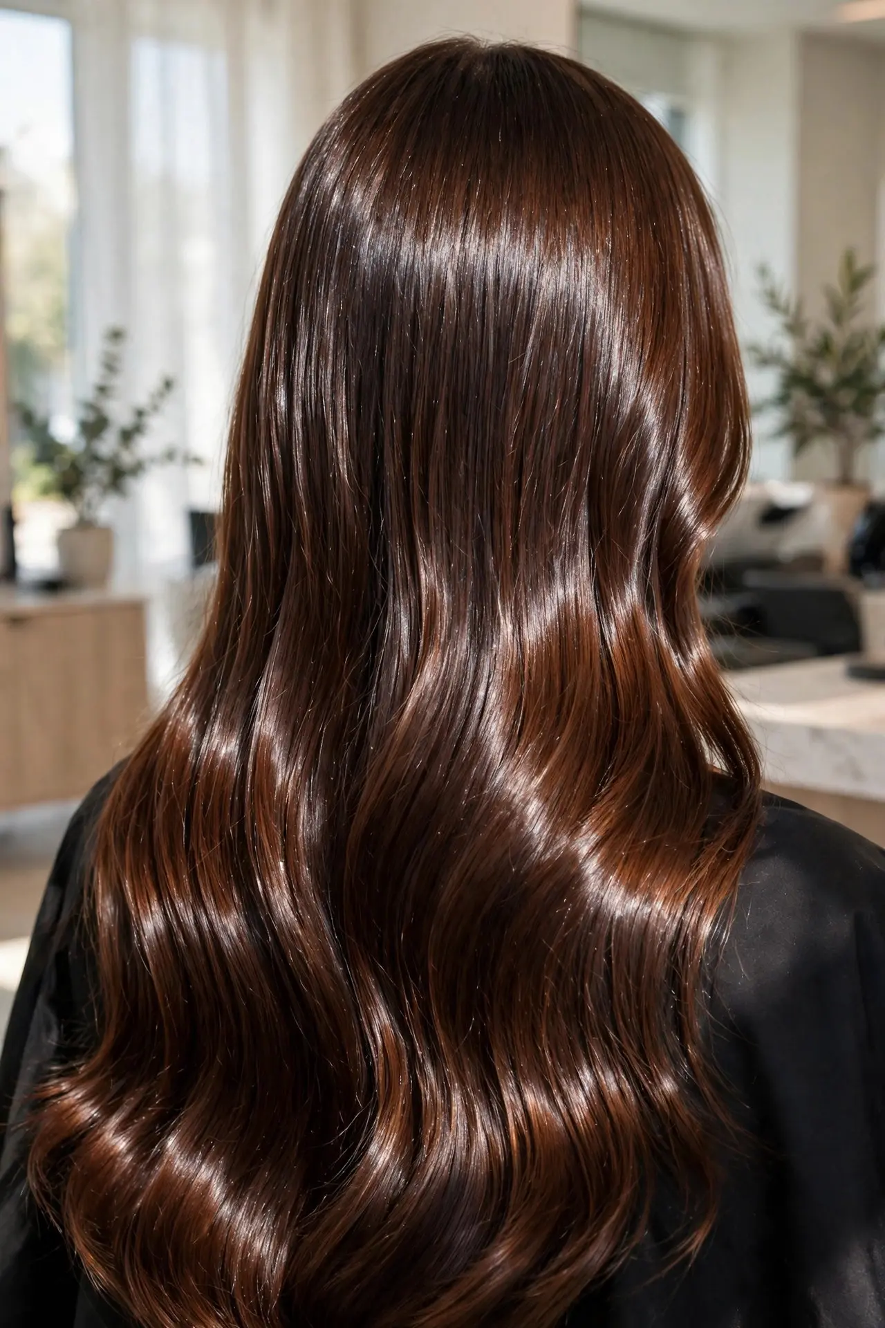 Glossing treatment result from the back, long chestnut brown hair with a mirror-like glass shine and silky smooth finish