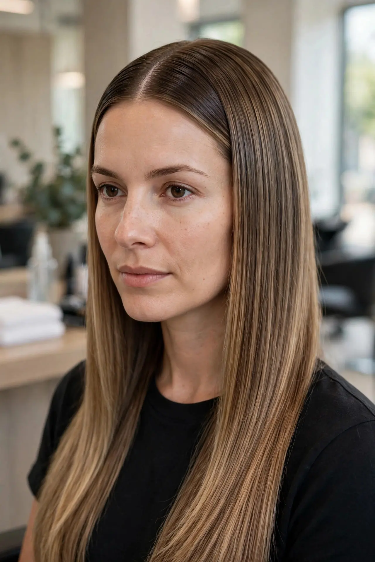 Middle part revival on long sleek dark blonde hair, a precise center parting with hair falling symmetrically and smoothly on both sides