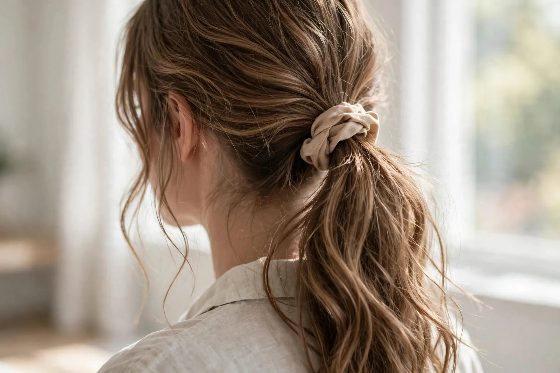 Low loose ponytail from the back, hair gathered softly at the nape with a beige scrunchie, loose face-framing strands and a wavy tail