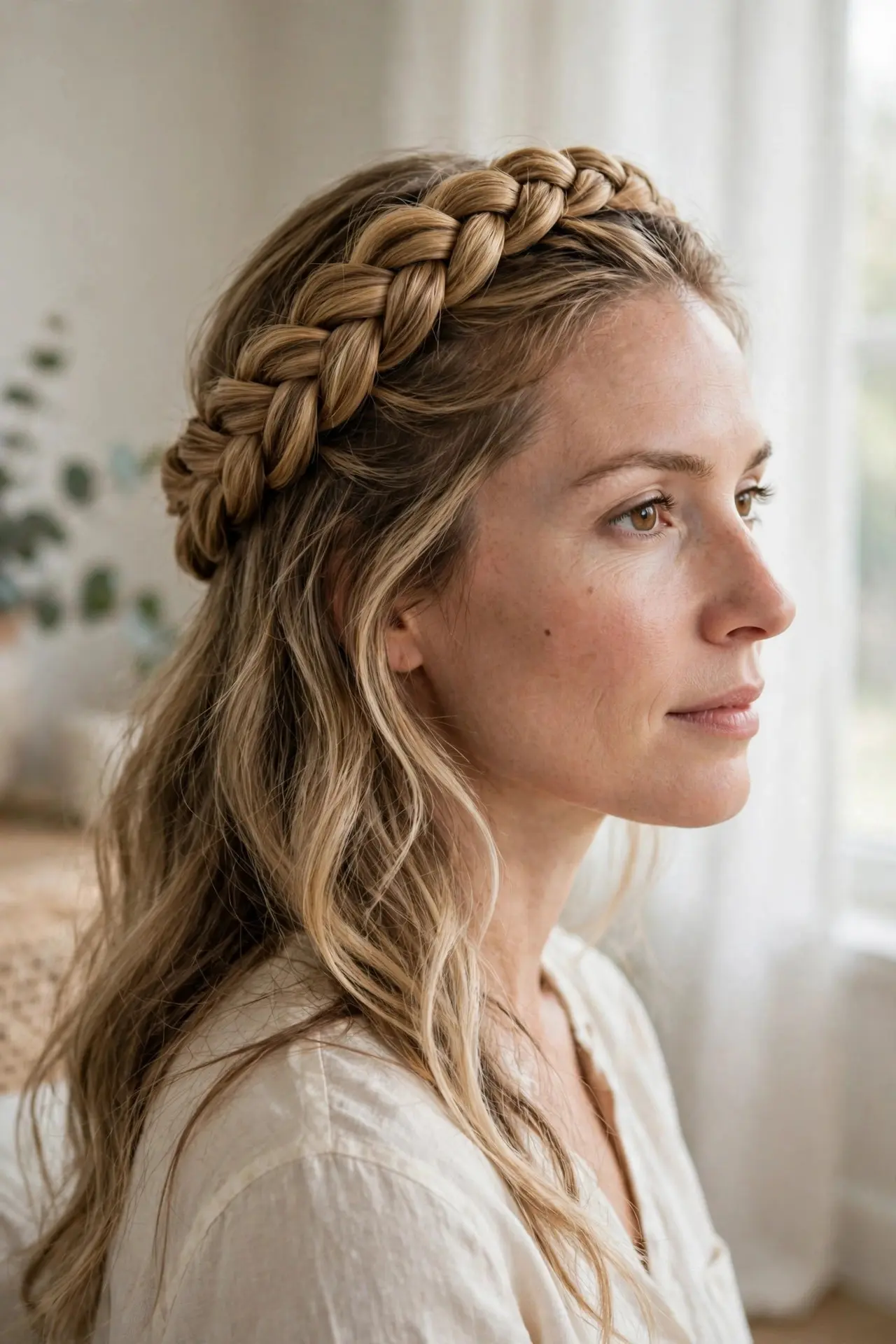 Braided crown hairstyle in side view, a thick halo braid wrapped across the top of the head with loose softly wavy blonde-brown lengths below