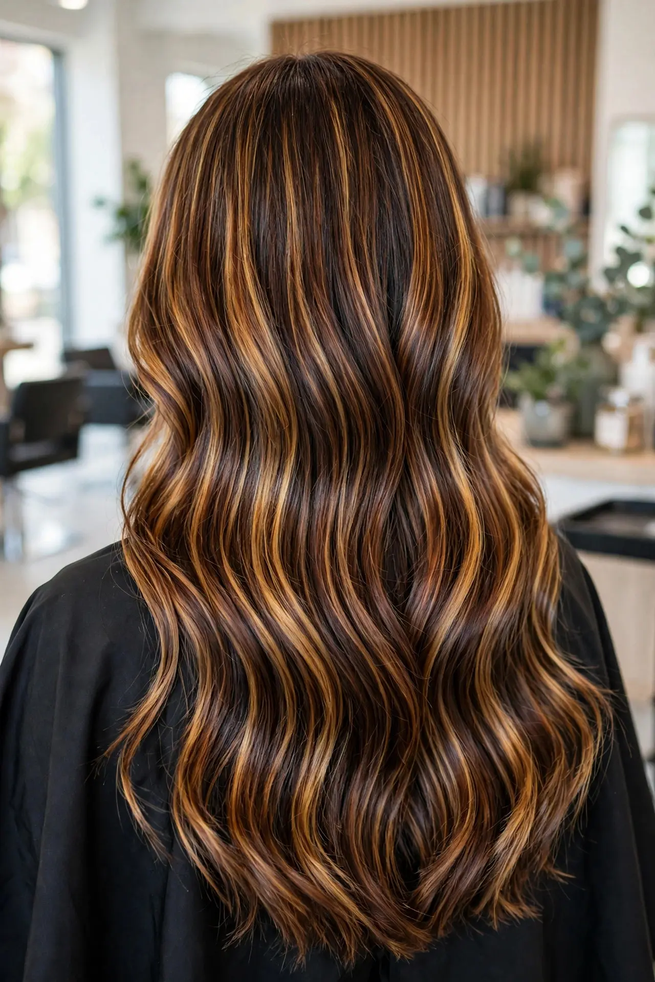 Tortoiseshell hair color from the back, a warm chocolate brown base woven with marbled ribbons of caramel, honey and gold