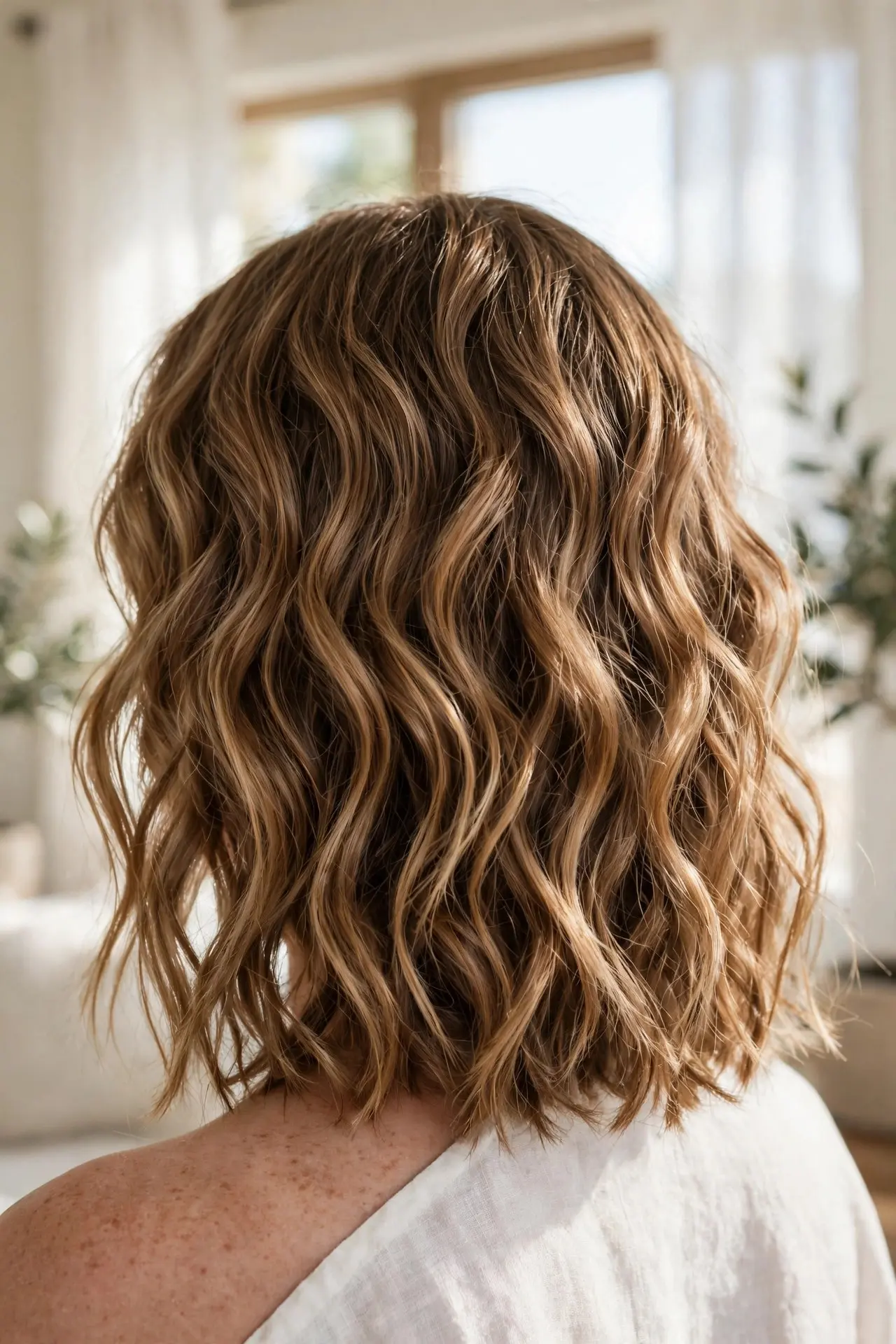 Beach wave perm from the back, shoulder-length sun-lightened brown hair with loose tousled S-shaped waves from roots to ends