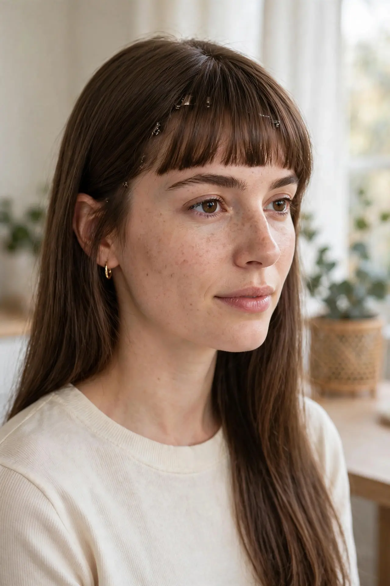 Clip-in bangs on long straight medium brown hair, a full straight-across clip-on fringe across the forehead with small clips visible at the hairline