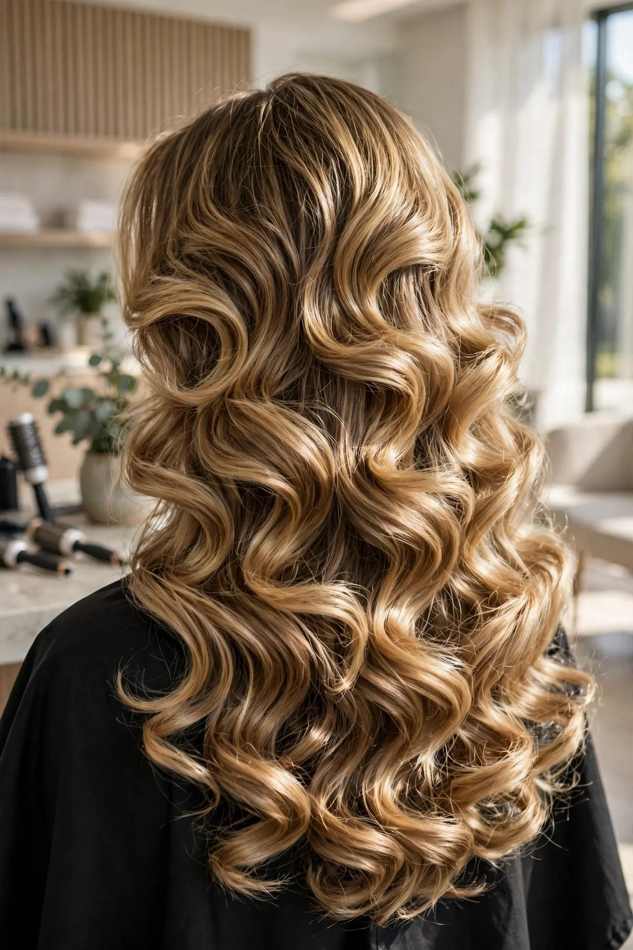 Blow-dry bar waves from the back, long dark blonde hair in big bouncy polished salon blowout curls full of body and shine