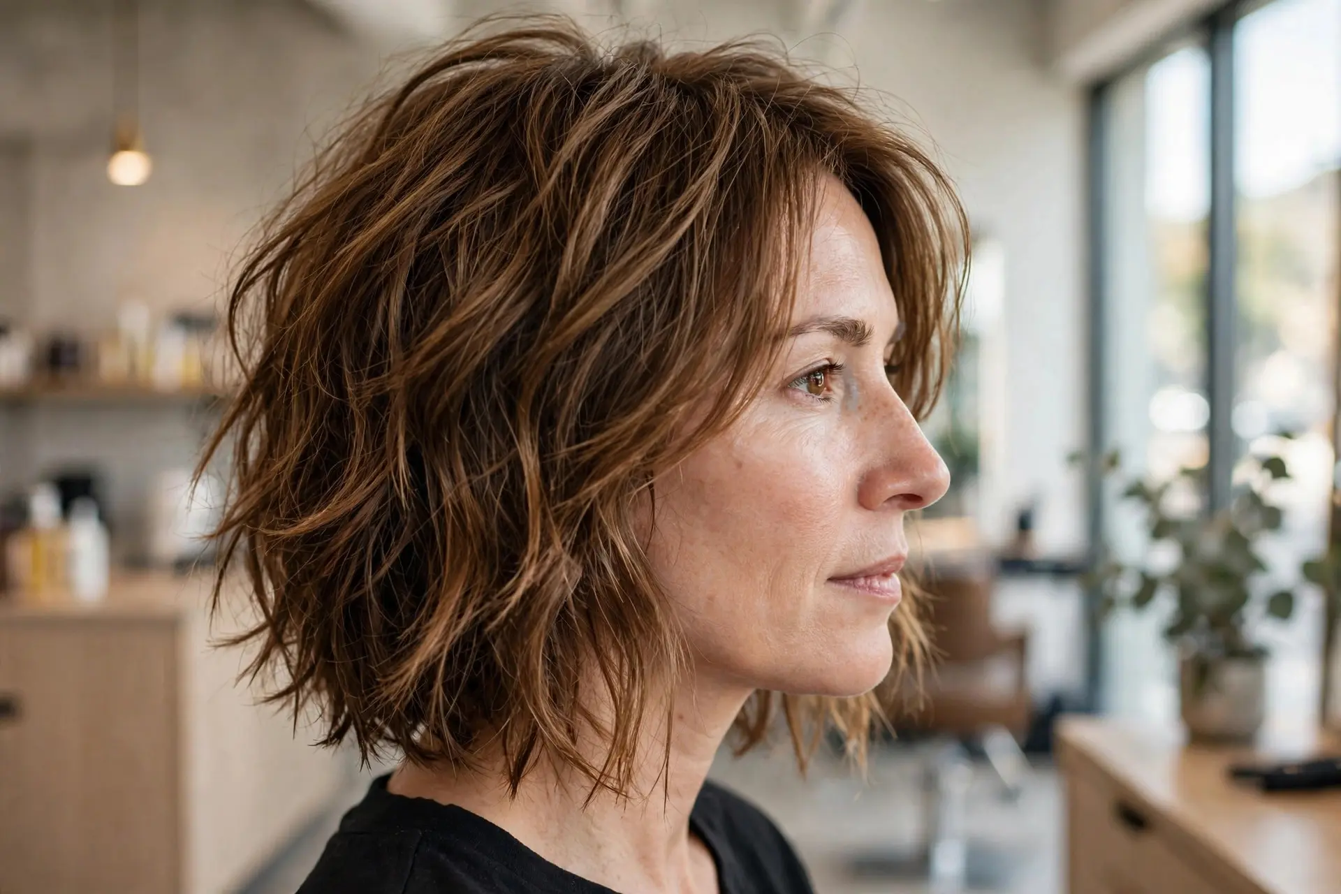 Textured lob haircut in side view, a shoulder-length long bob with choppy textured ends and a tousled undone finish in warm medium brown hair